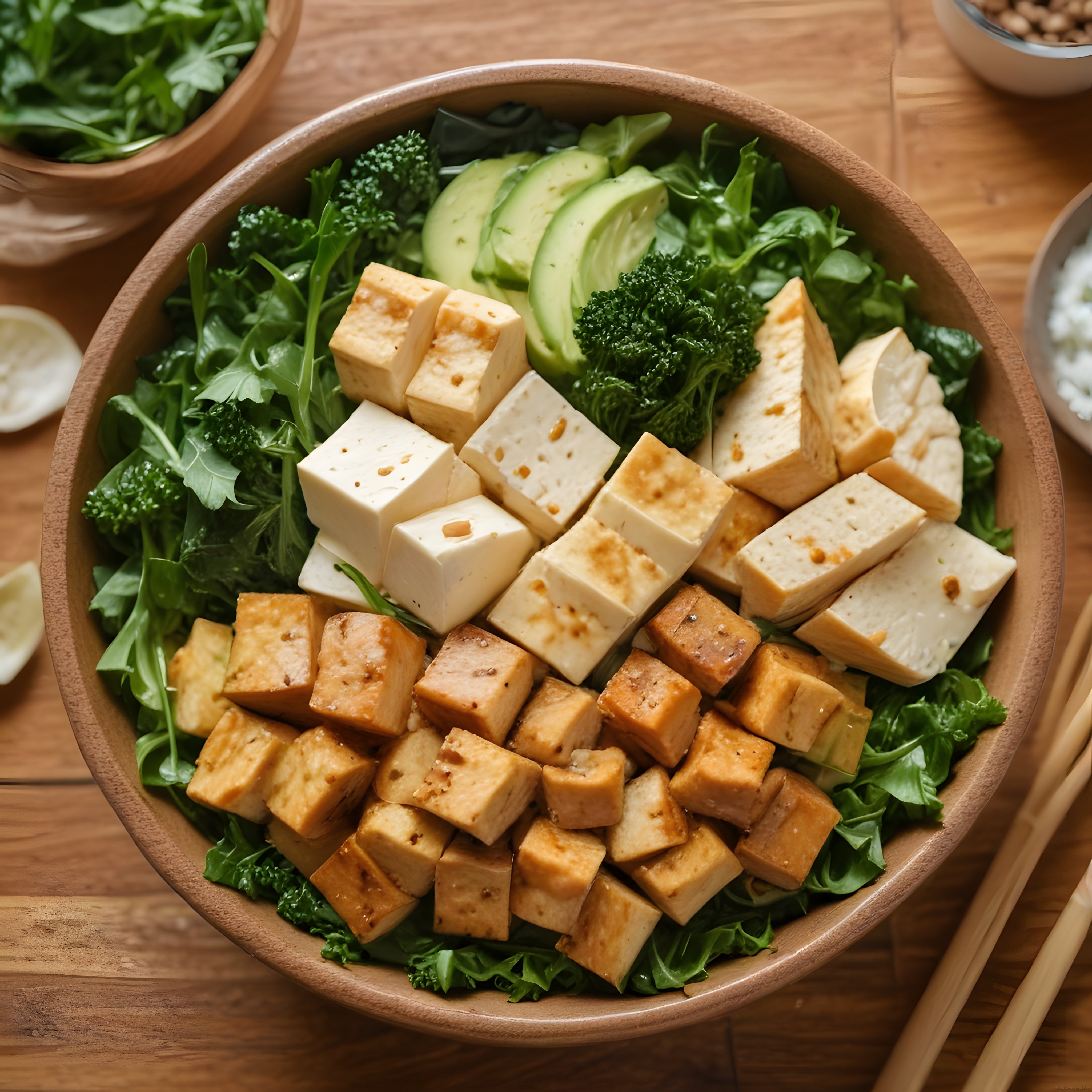 Ahşap kasede kızarmış tofu avokado ve brokolili vegan salata sunumu