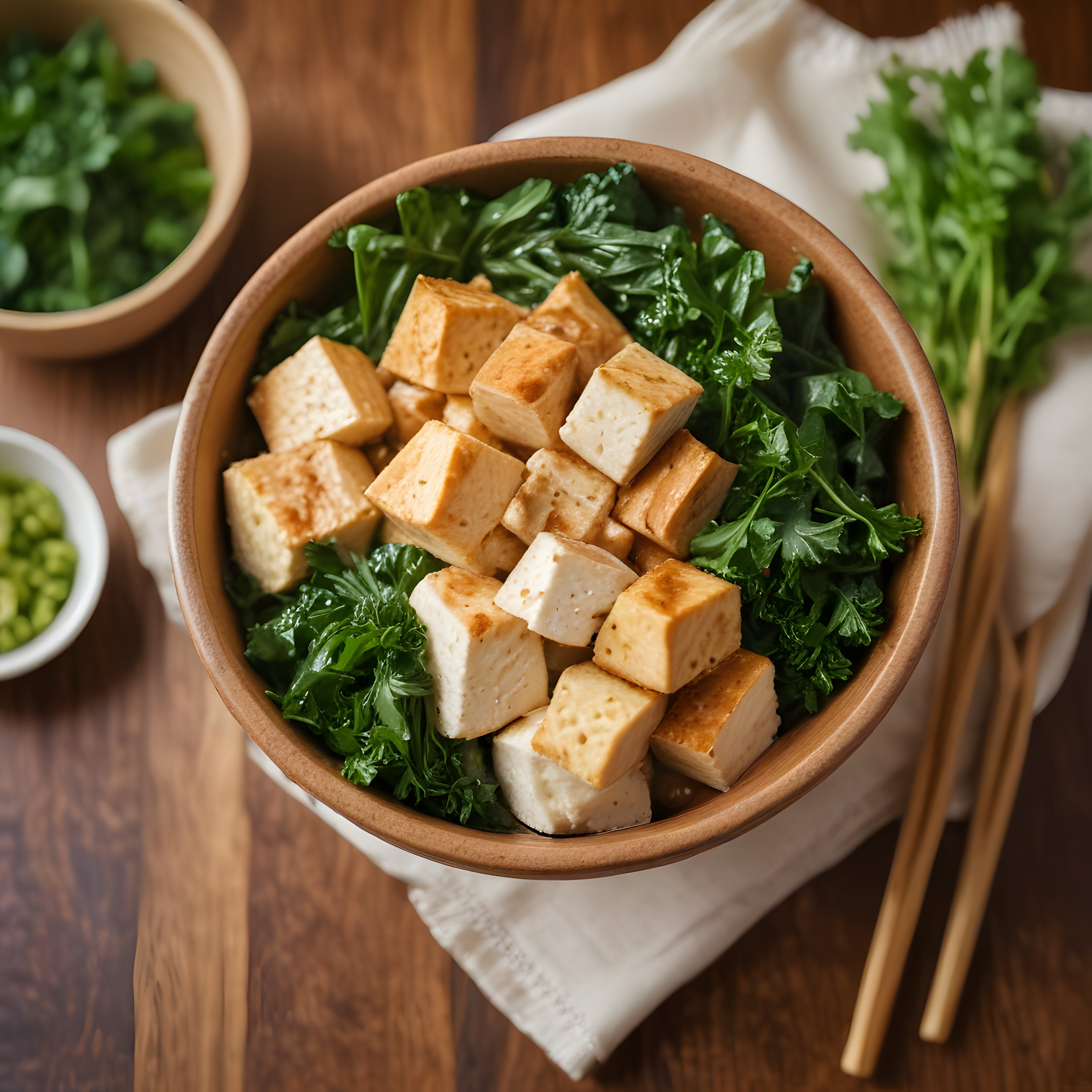 Ahşap kasede kızarmış tofu ve taze yeşilliklerle hazırlanmış sağlıklı vegan kase