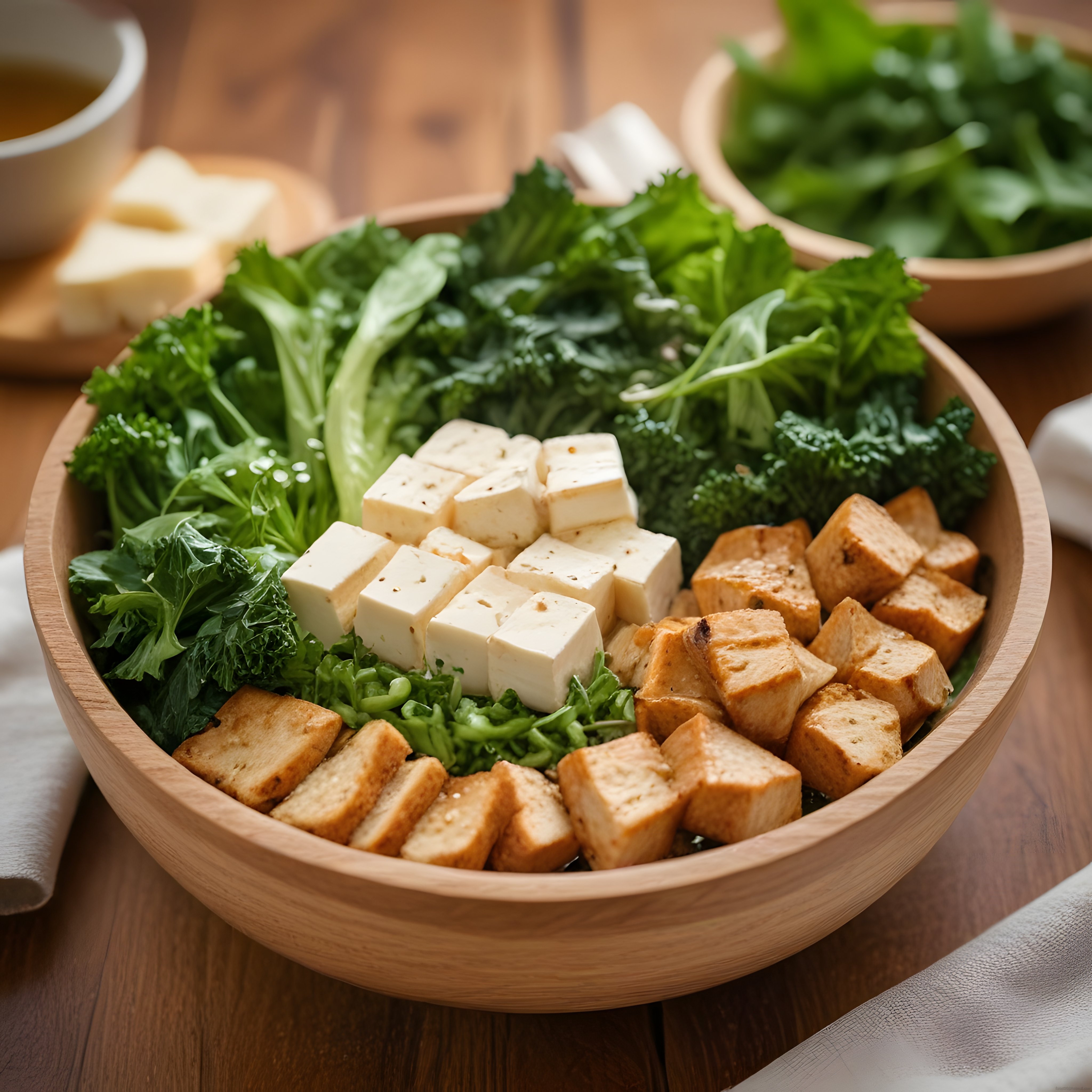 Ahşap Kasede Kızarmış Tofu ve Taze Yeşilliklerle Zengin Salata Sunumu