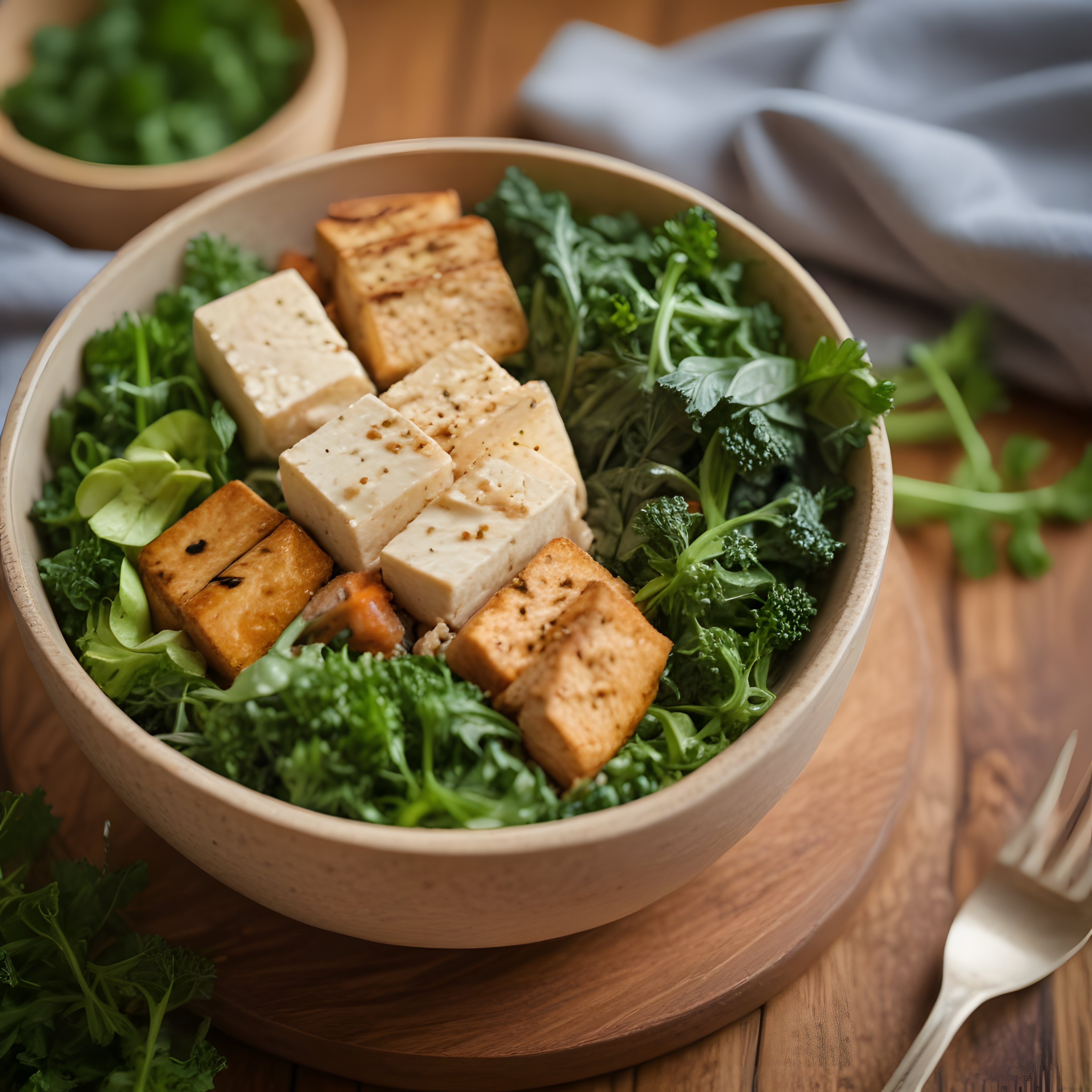 Ahşap kasede kızarmış tofu ve yeşil salata ile sağlıklı vegan beslenme kasesi