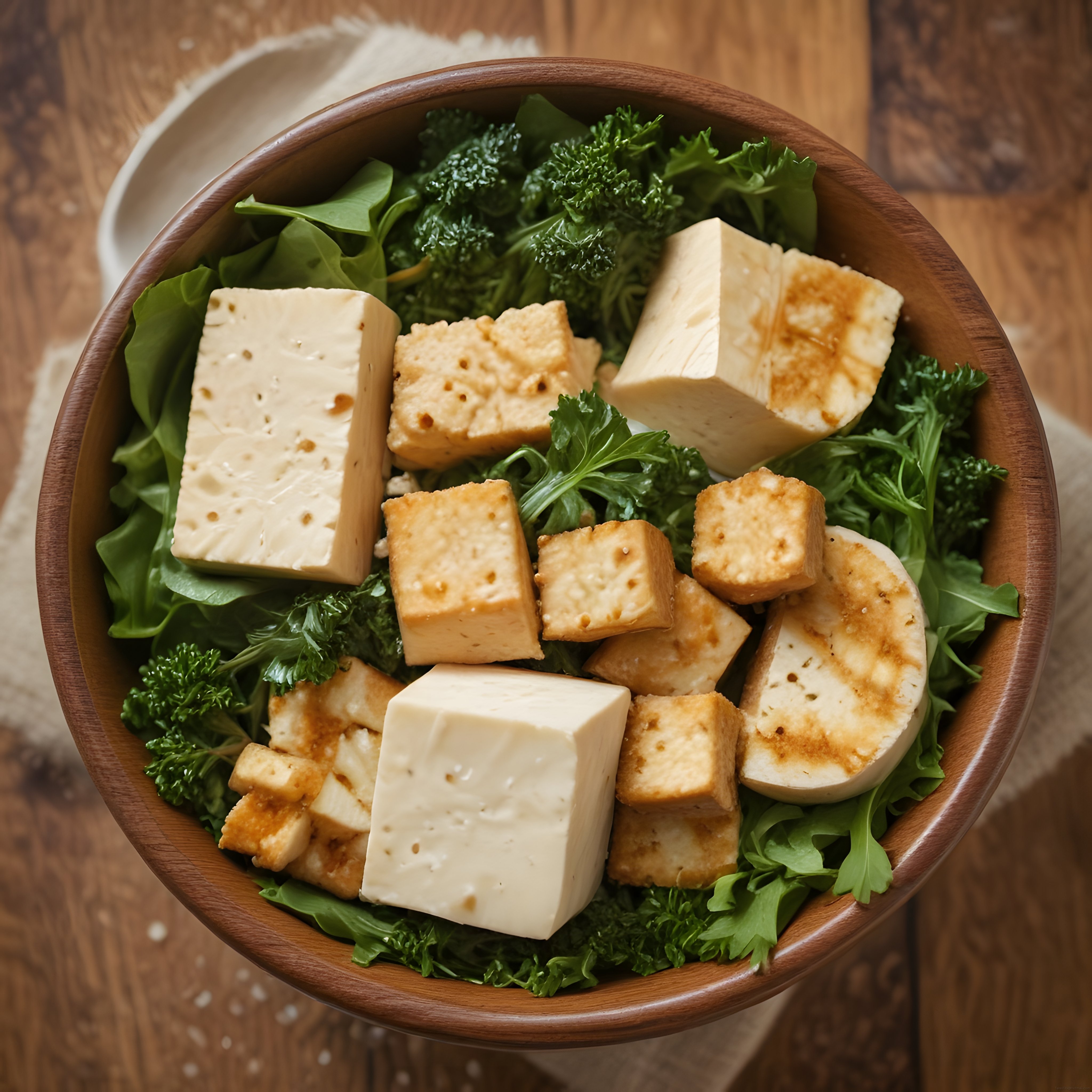 Ahşap kasede kızarmış tofu ve yeşil sebzelerden oluşan sağlıklı salata kasesi