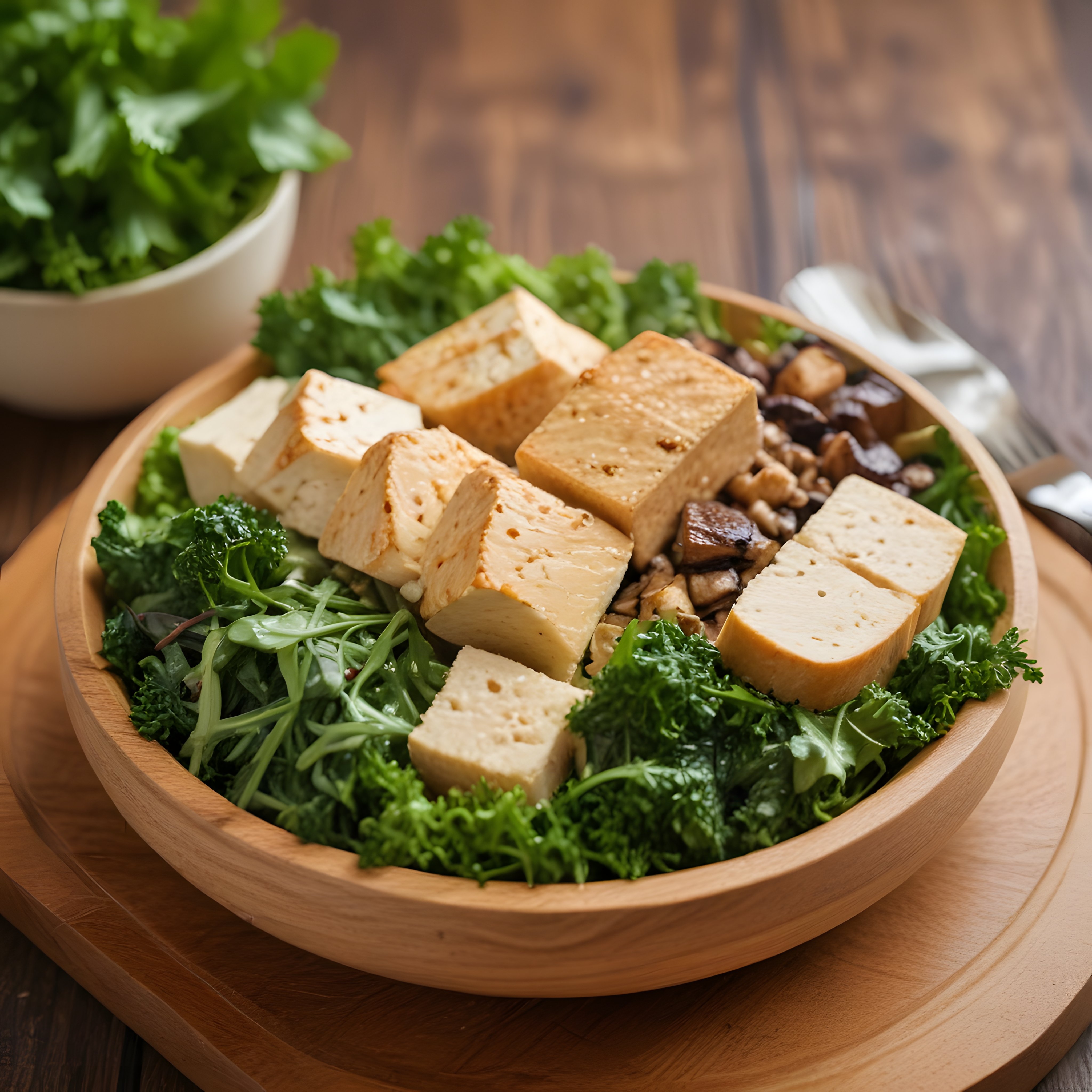 Ahşap Kasede Kızarmış Tofulu Mantarlı Sağlıklı Vegan Kase Yemeği