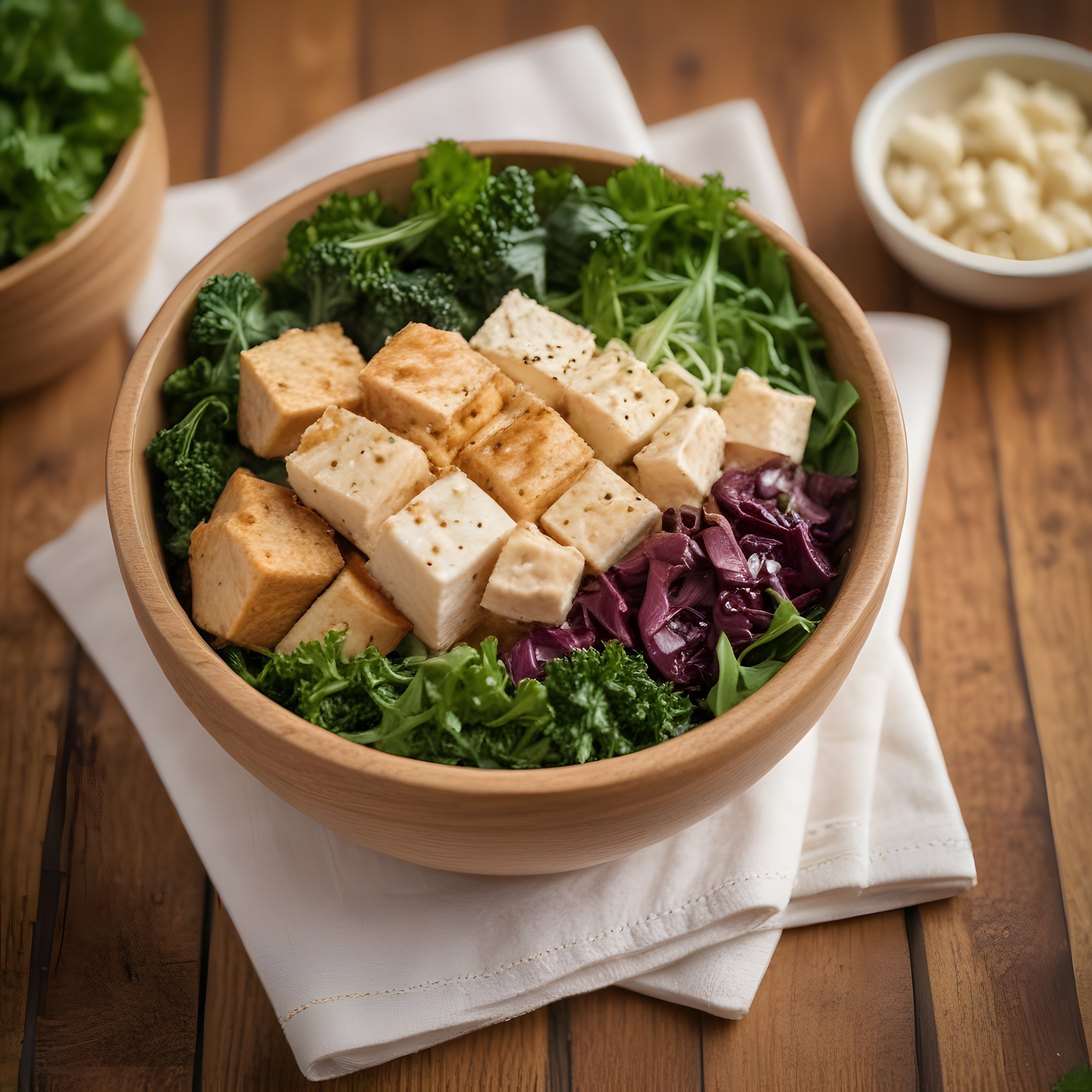 Ahşap Kasede Kızarmış Tofulu ve Yeşillikli Sağlıklı Vegan Bowl