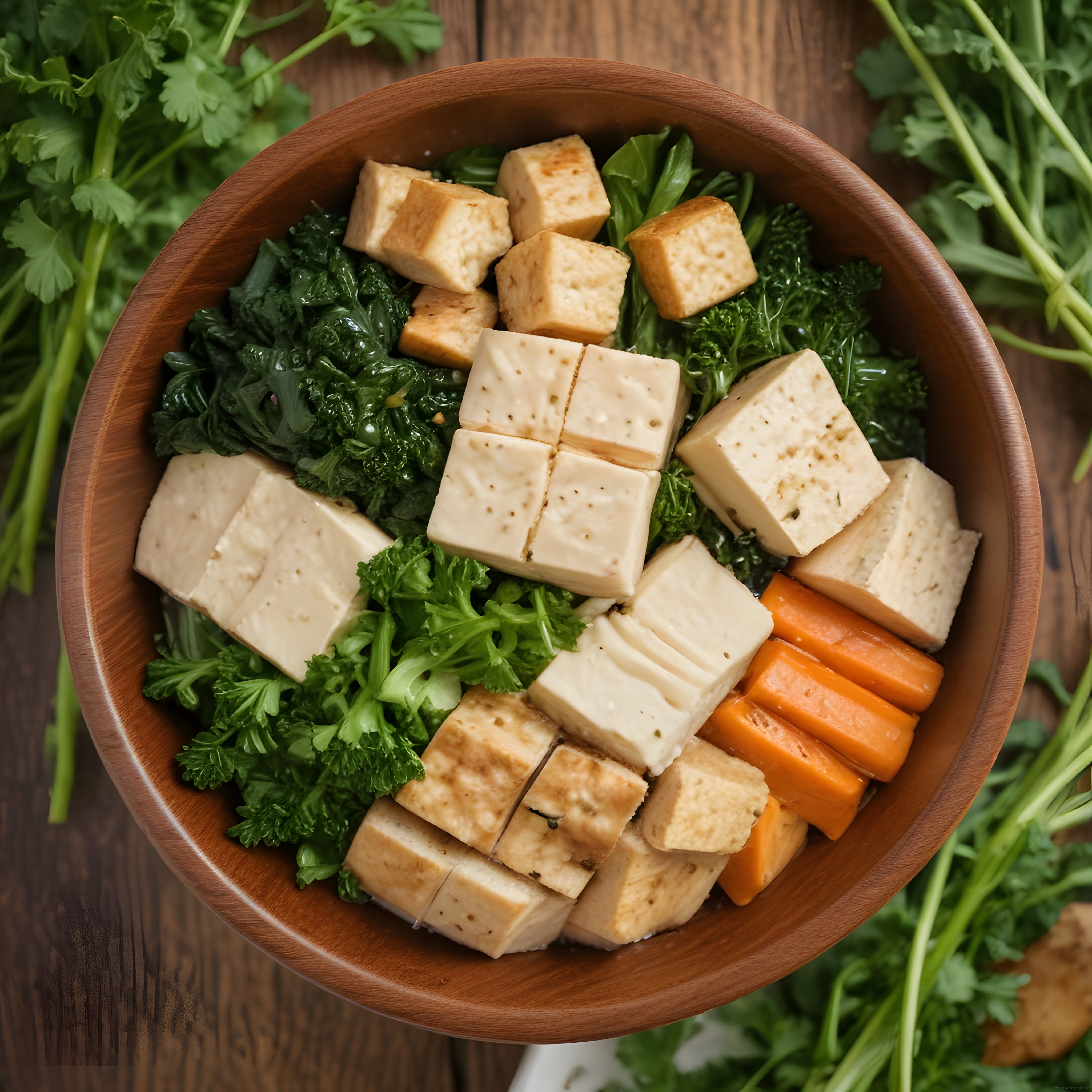 Ahşap Kasede Kızarmış Tofulu Vegan Sebze Kasesi ve Sağlıklı Beslenme