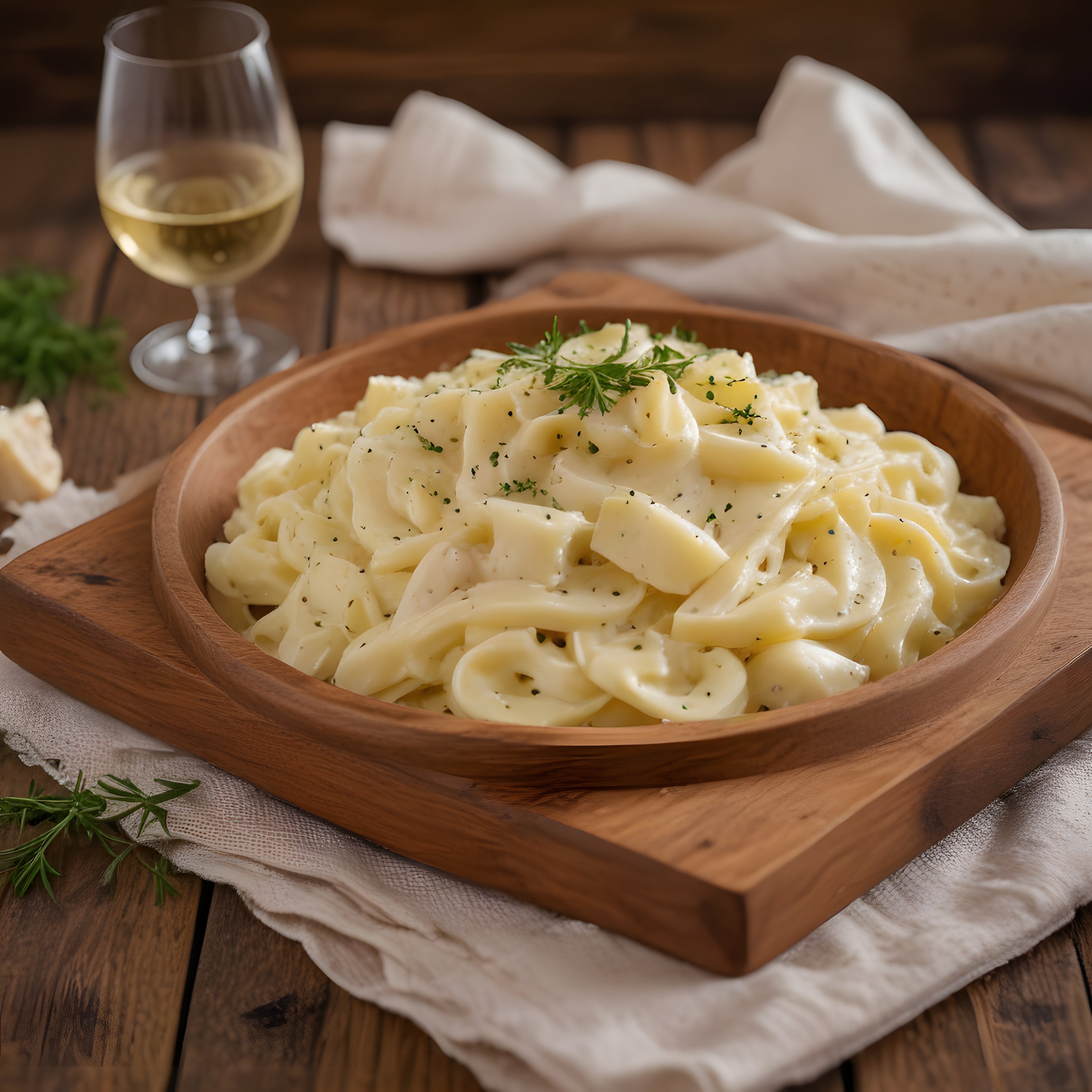 Ahşap Kasede Kremalı Fettucine Alfredo ve Beyaz Şarap ile Rustik Sunum