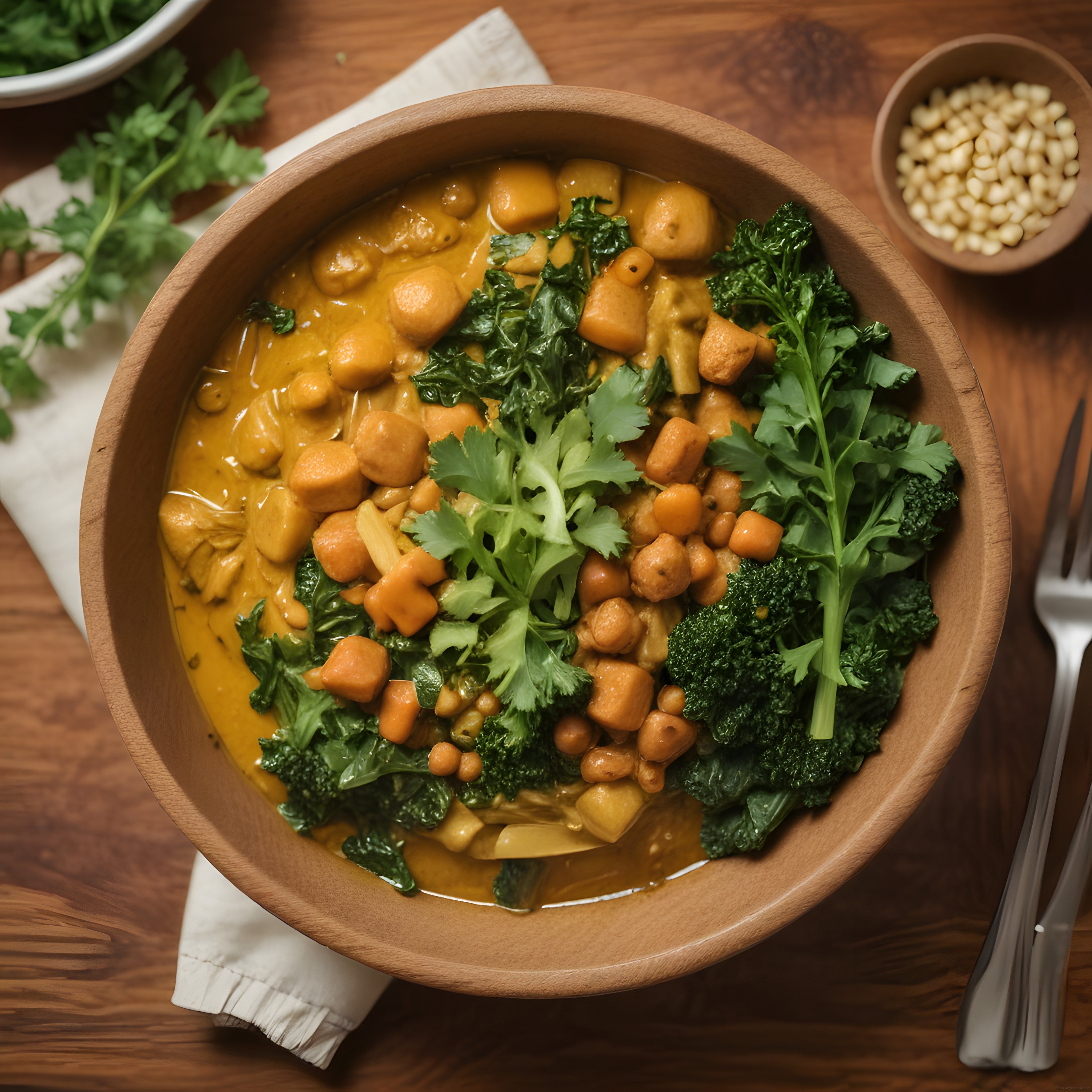 Ahşap Kâsede Kremalı Nohutlu Körili Vegan Kâse ve Yeşil Yapraklı Sebzeler