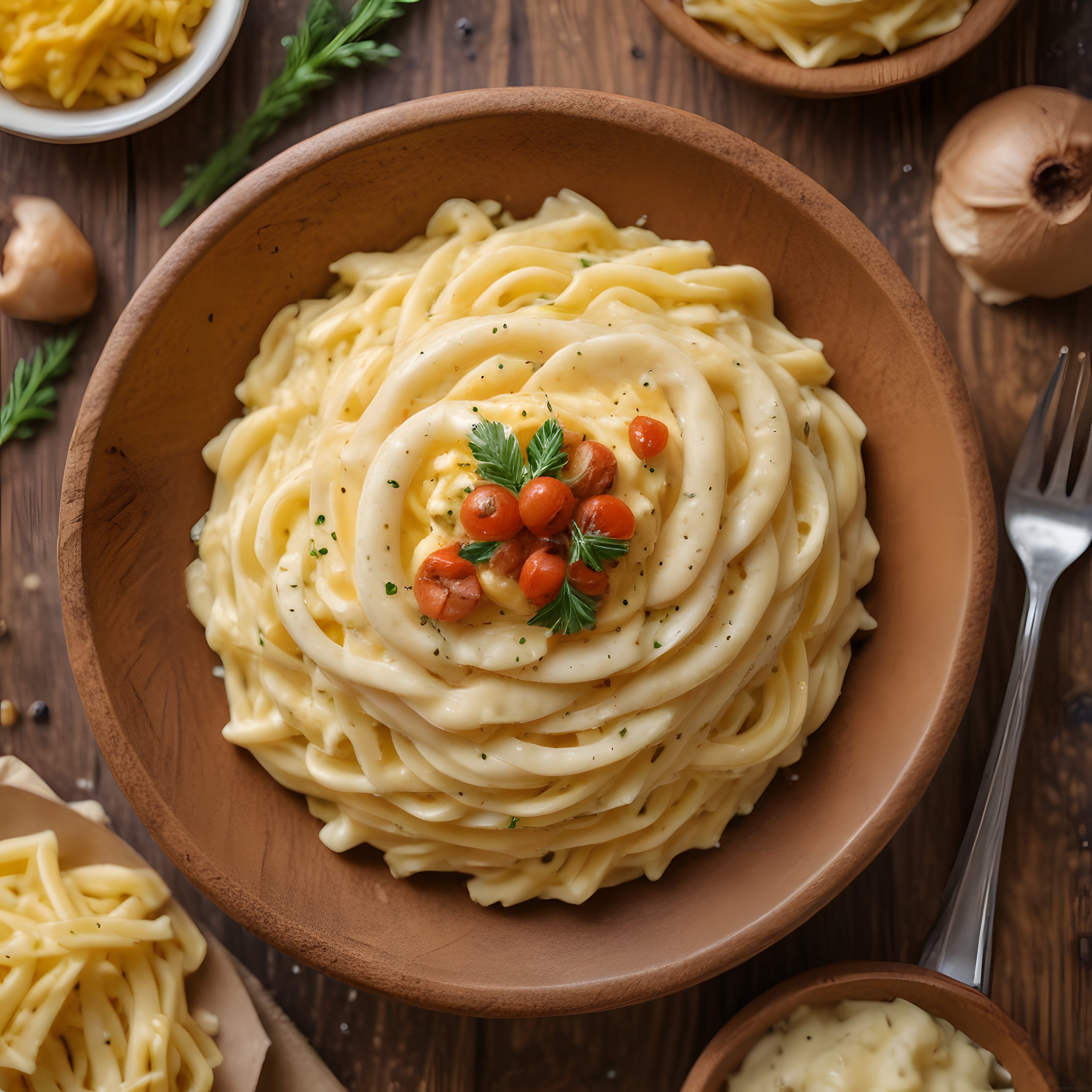 Ahşap Kasede Kremalı Spagetti: Domates ve Maydanoz Süslemeli Tarif