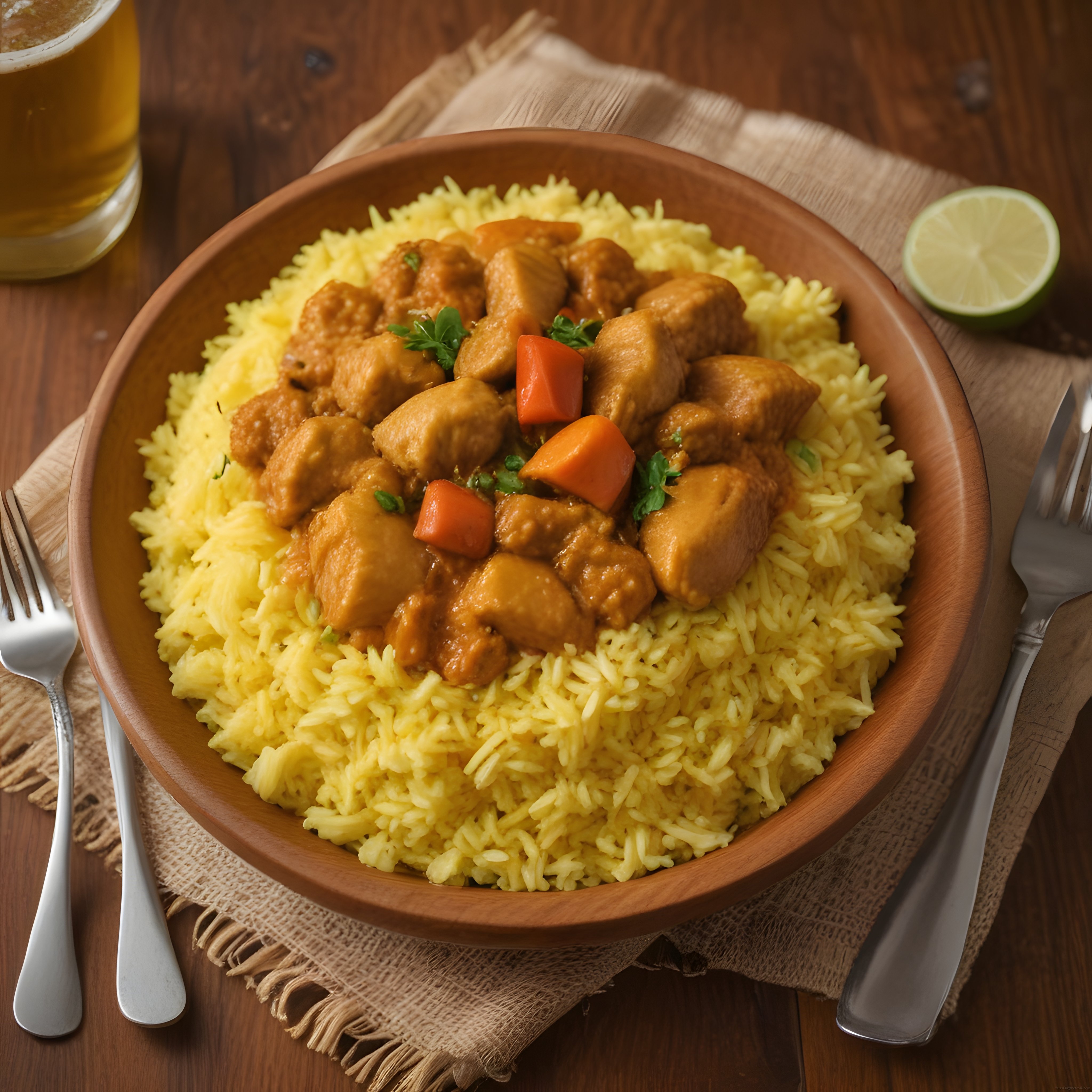 Ahşap Kasede Kremalı Tavuk Curry ve Zerdeçallı Pirinç Pilavı Sunumu