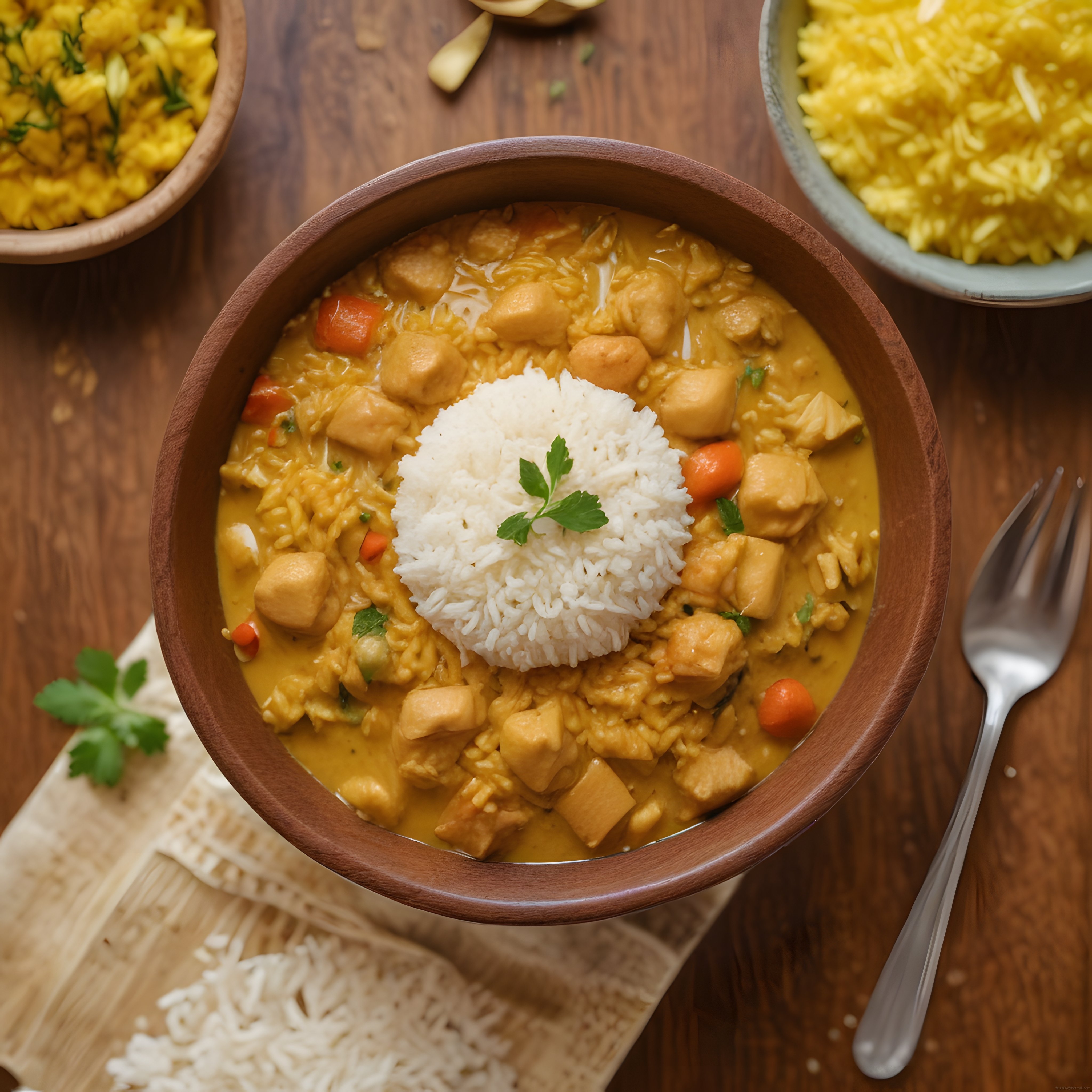 Ahşap Kasede Kremalı Tavuk Köri ve Basmati Pilavı ile Eşsiz Bir Sunum