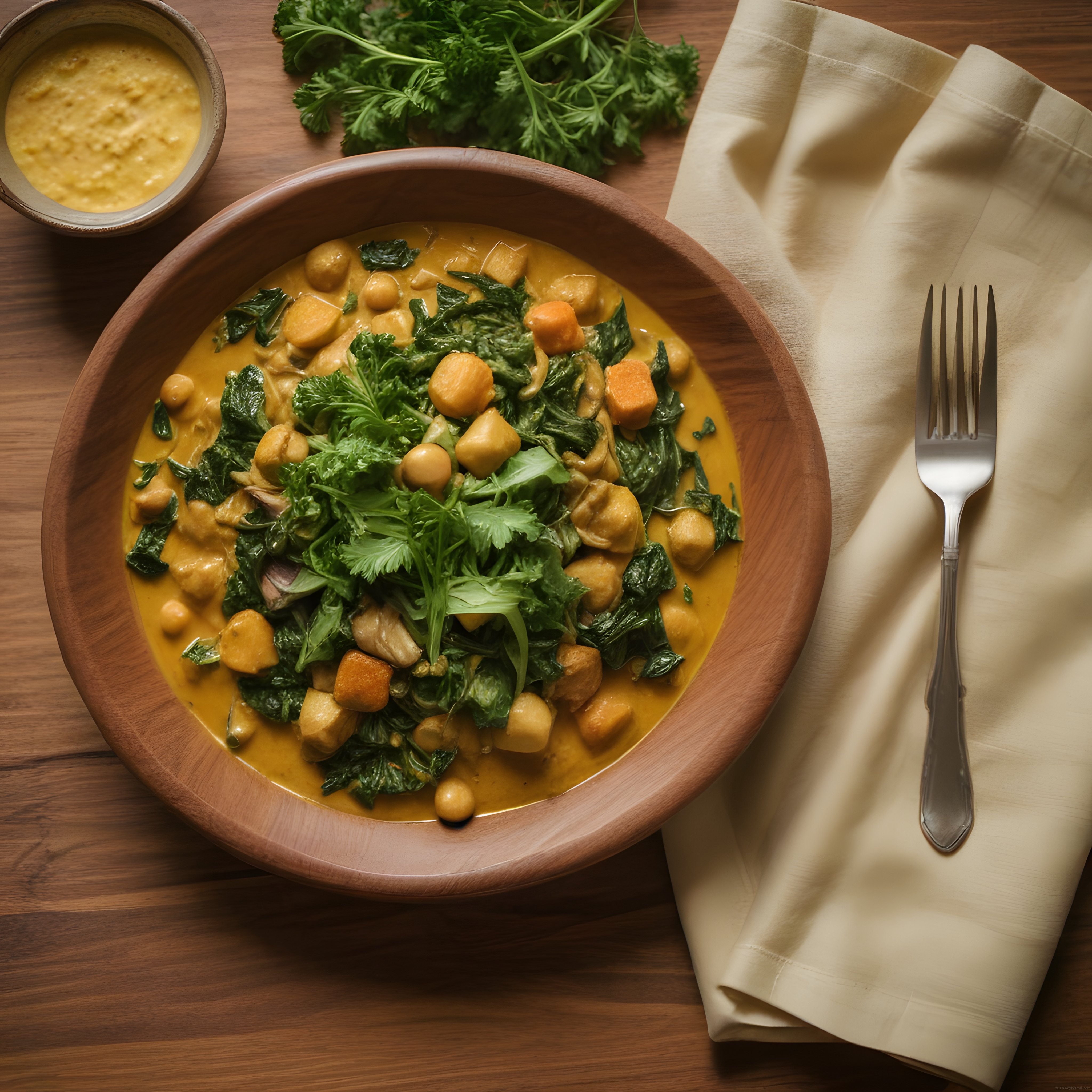 Ahşap kâsede kremsi nohutlu ıspanaklı curry: rustik ve besleyici vegan öğün