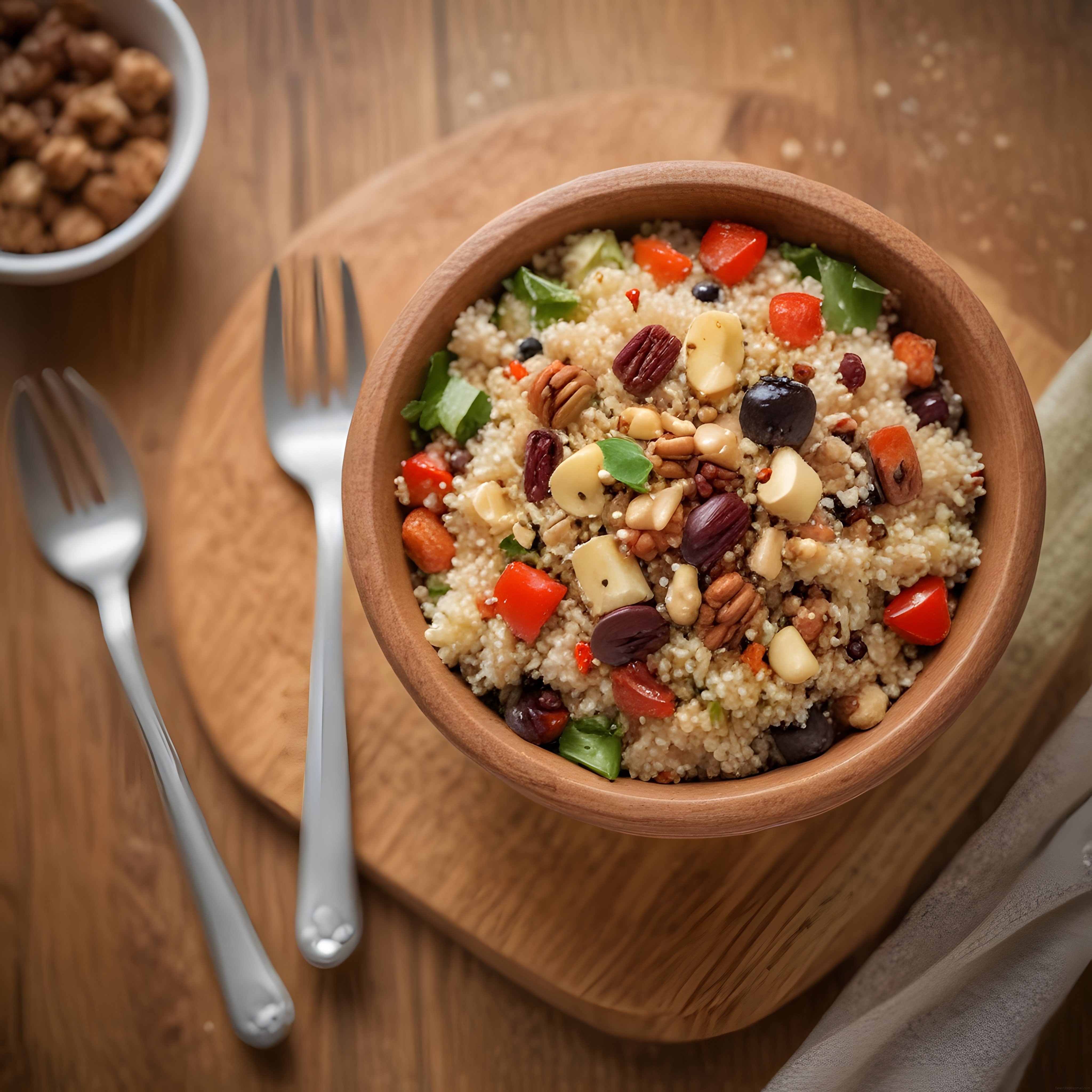 Ahşap kâsede kuskus salatası: fındık, zeytin ve sebzelerle besleyici kase