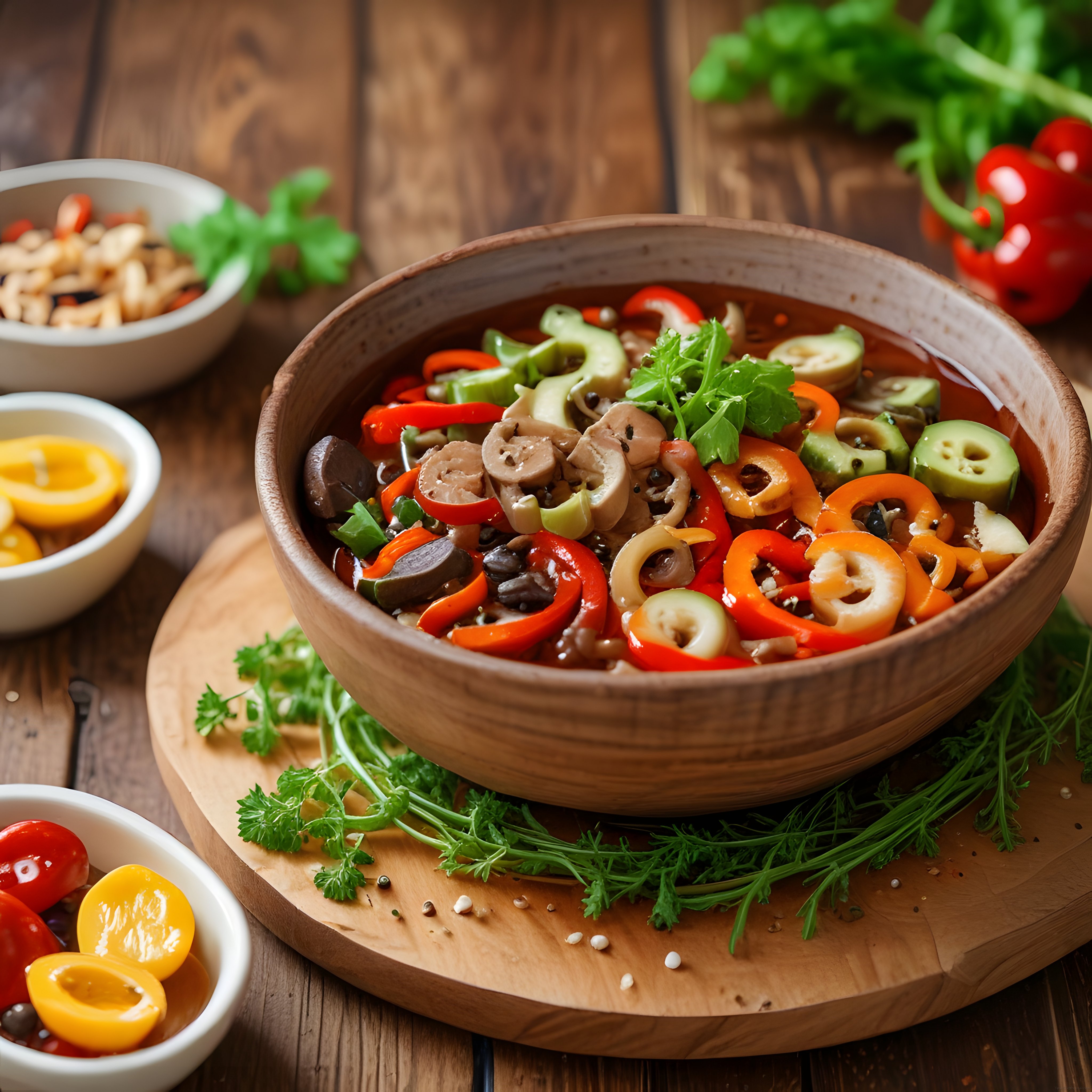 Ahşap kasede mantar zeytin ve renkli biberle hazırlanan rustik sebze salatası
