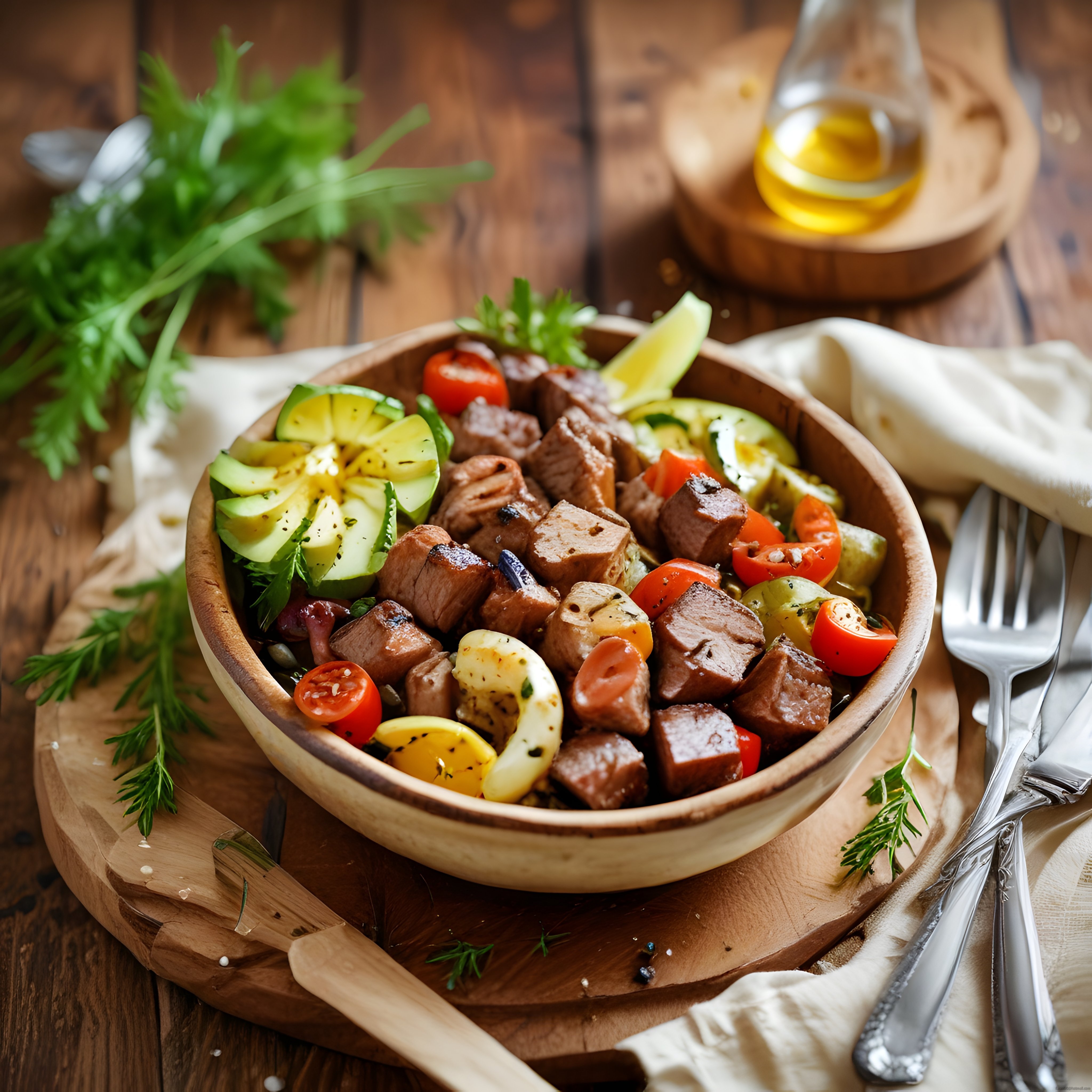 Ahşap Kasede Marine Edilmiş Dana Kuşbaşı ve Taze Sebzeli Protein Salatası