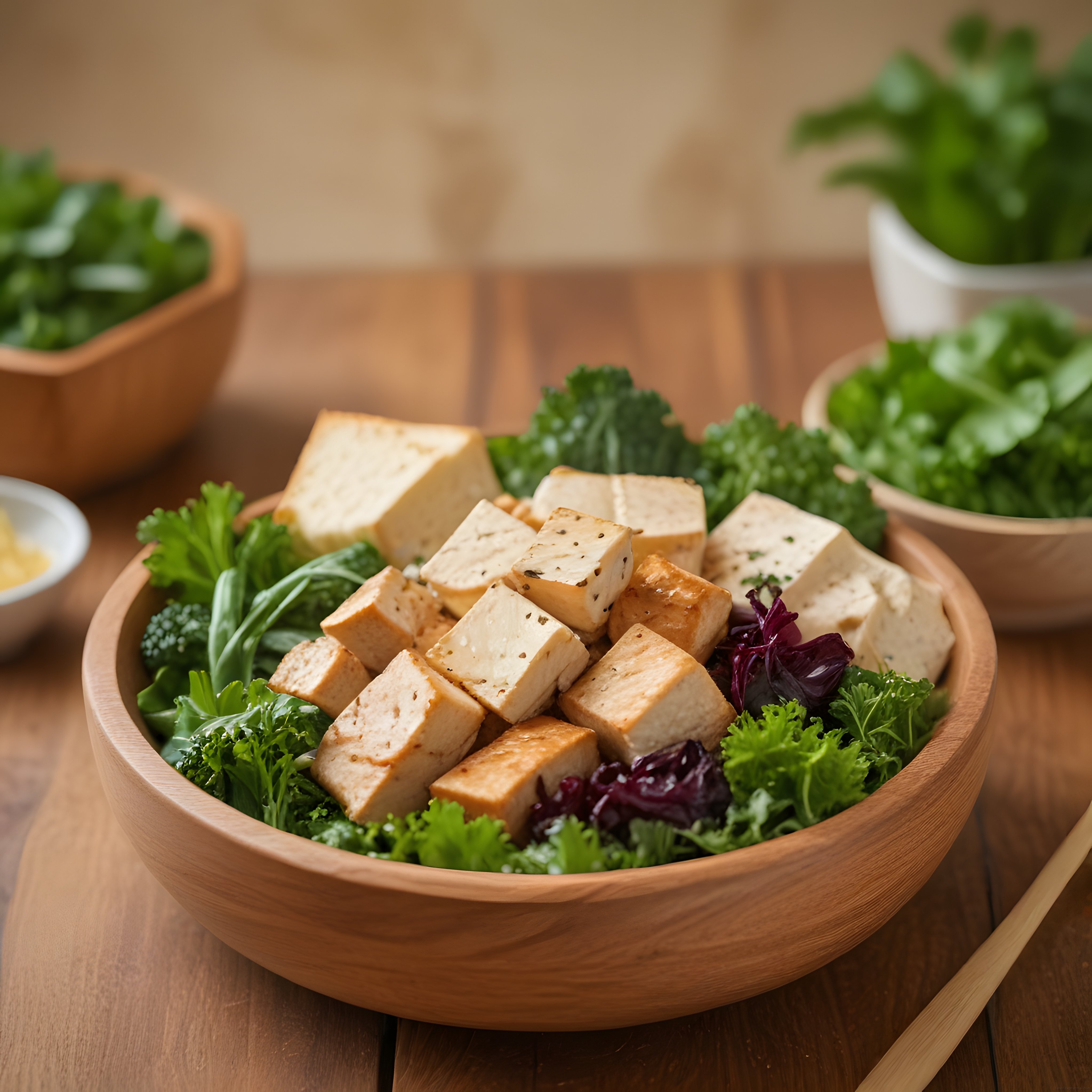 Ahşap kasede marine edilmiş tofu ve taze yeşilliklerle hazırlanan besleyici vegan kase