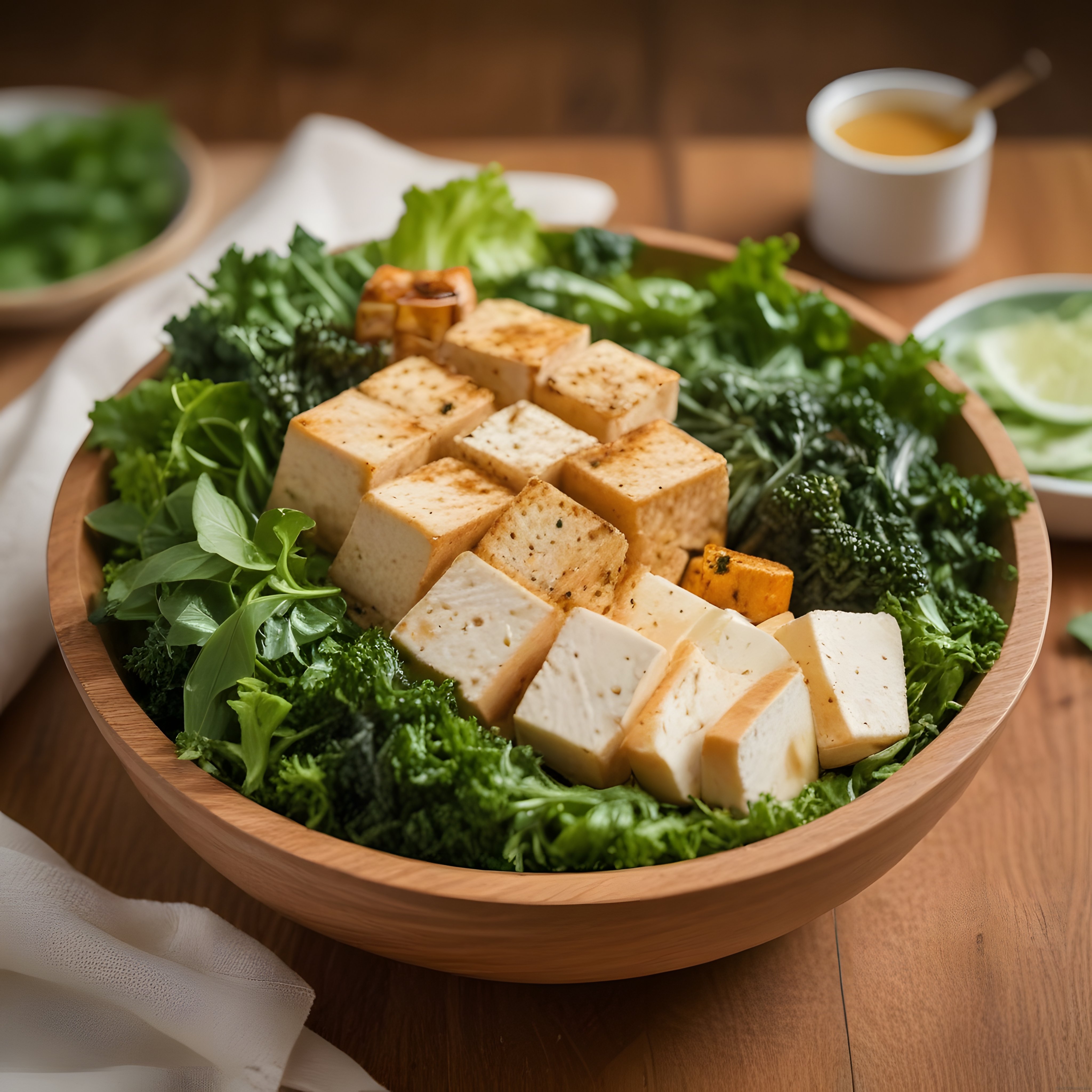 Ahşap Kasede Marine Edilmiş Tofu ve Taze Yeşilliklerle Vegan Salata Sunumu