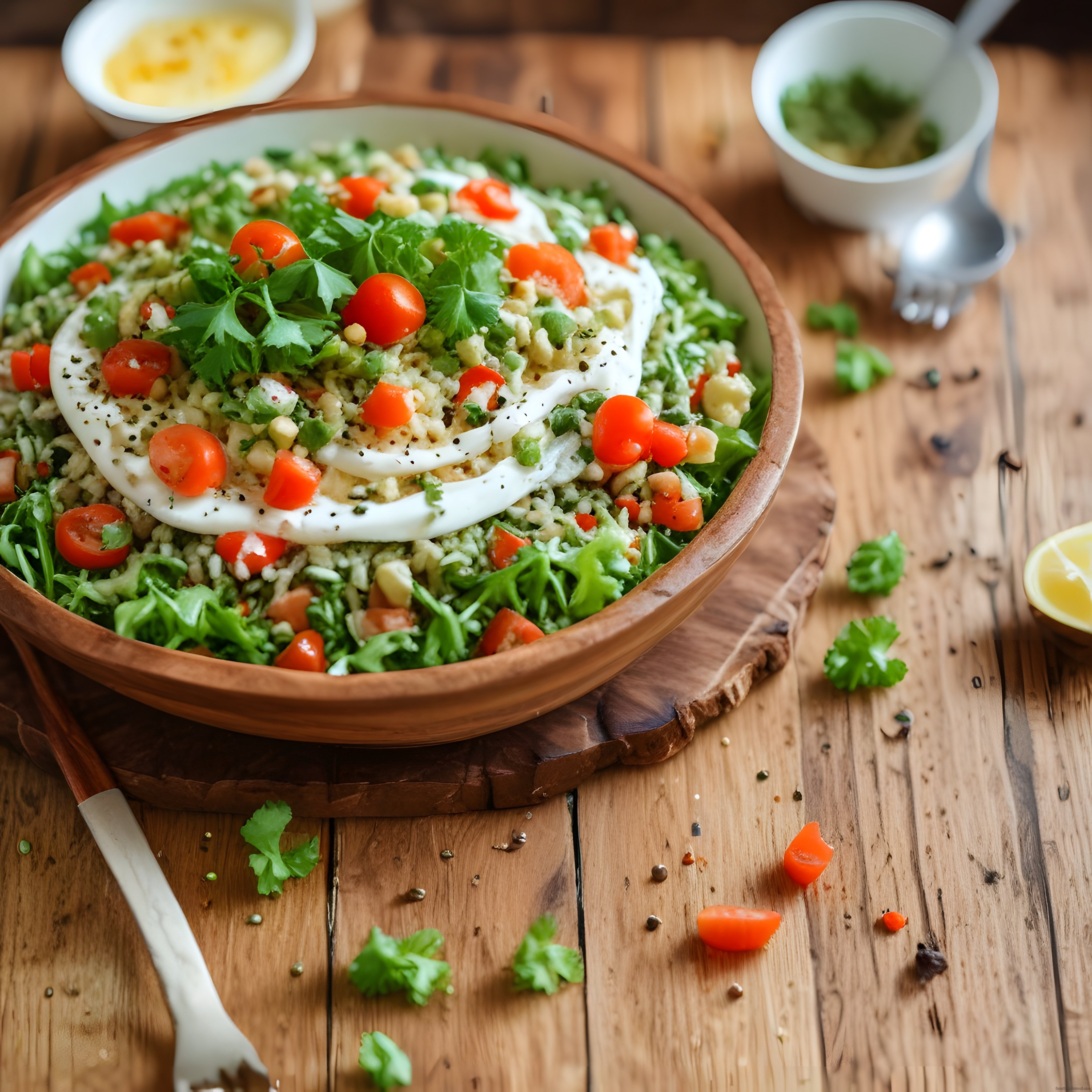 Ahşap Kasede Maydanozlu Domatesli Bulgur Salatası ve Yoğurt Sosu