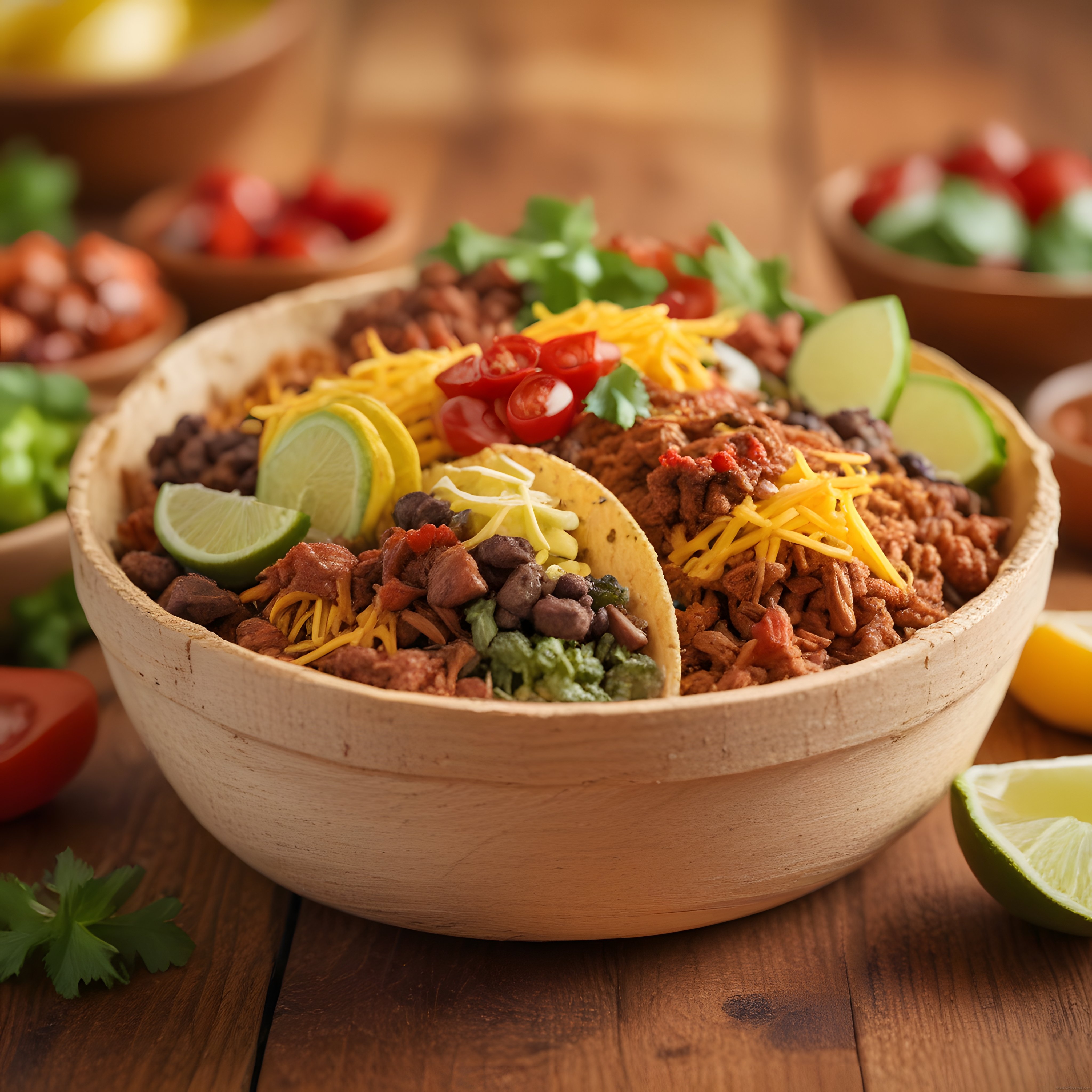 Ahşap Kasede Meksika Stili Taco Bowl ve Taze Malzemelerle Lezzetli Sunum