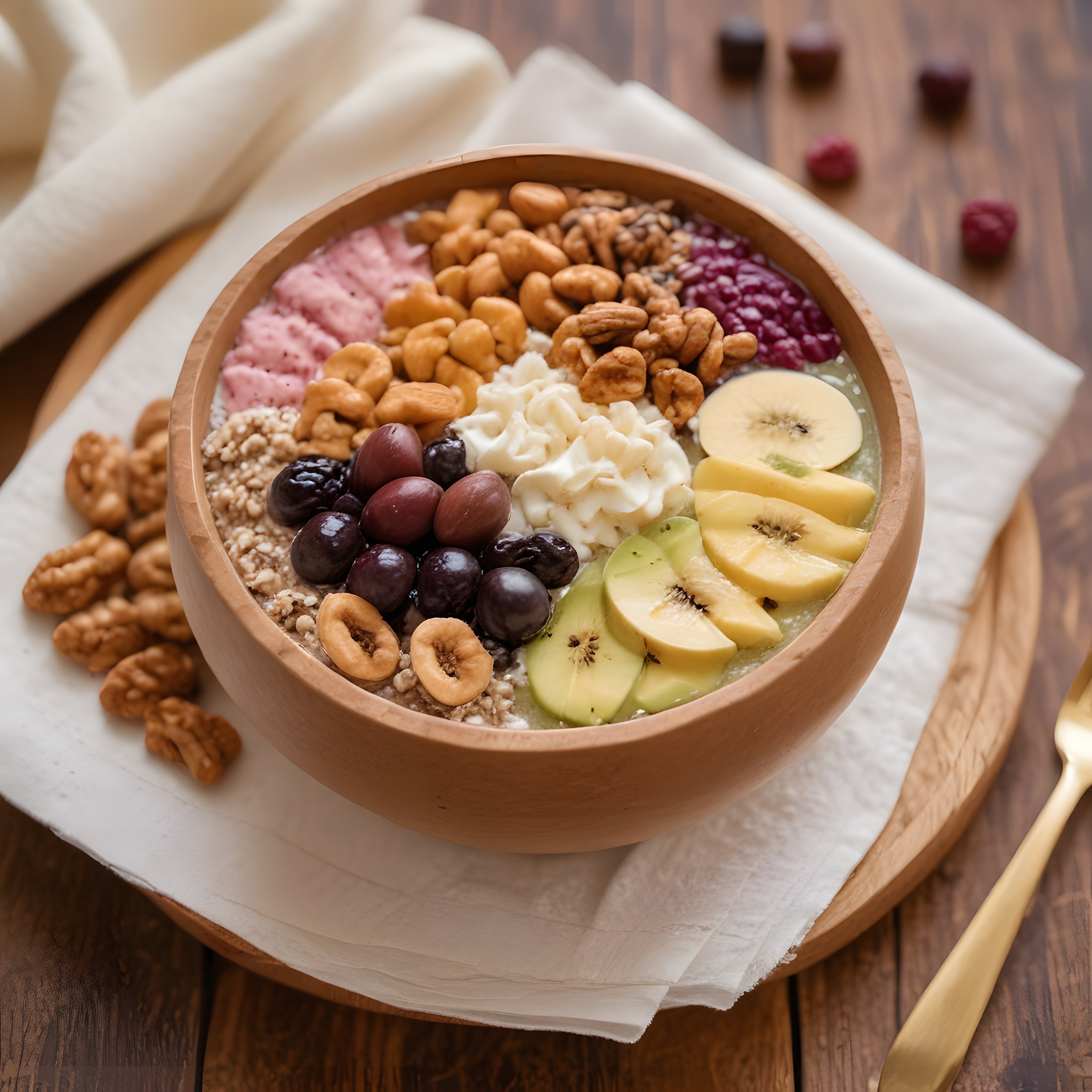 Ahşap Kasede Meyve ve Kuruyemişli Renkli Smoothie Bowl Sunumu