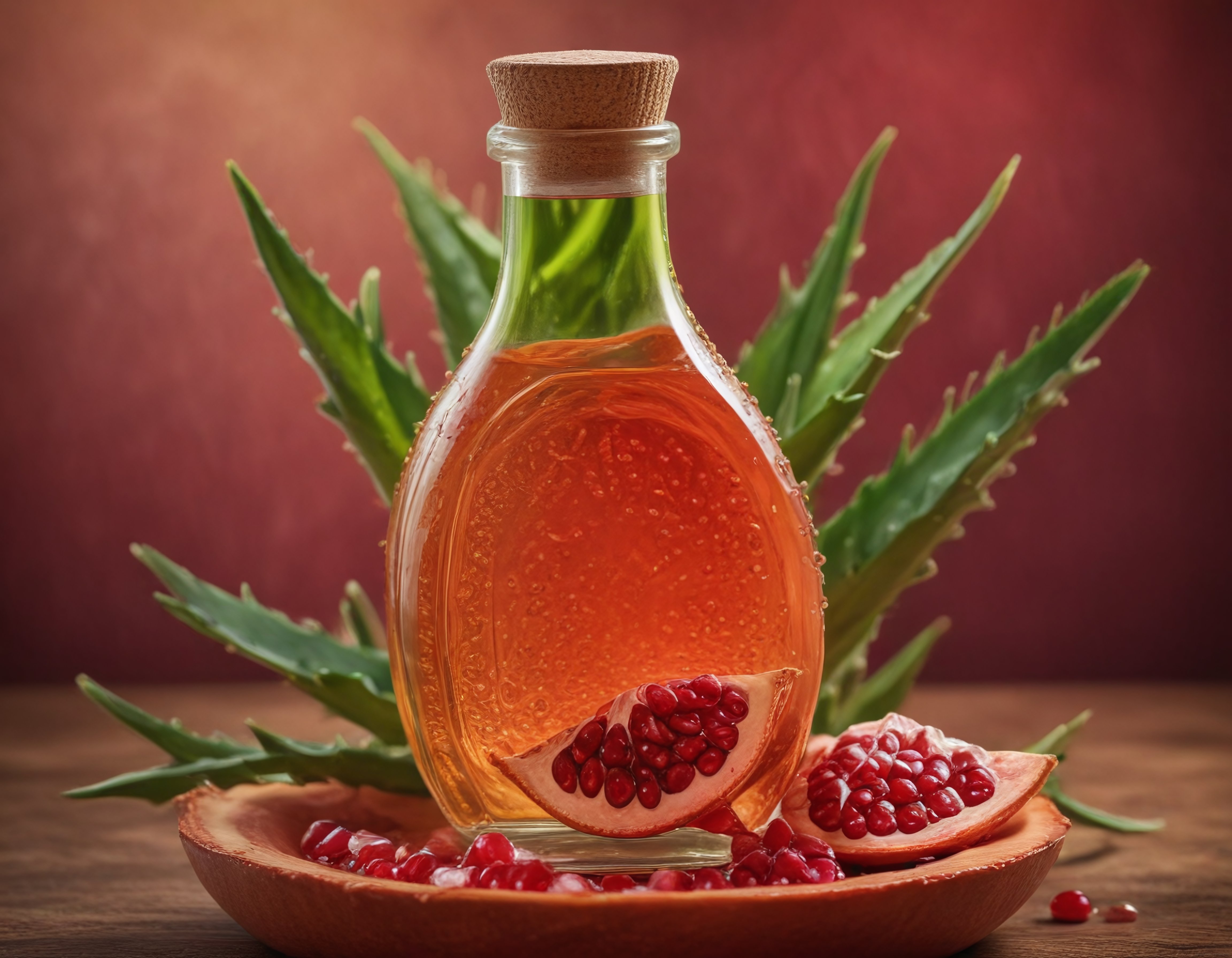 Ahşap Kasede Nar Dilimli Doğal Aloe Vera Cilt Bakım Yağı Şişe Fotoğrafı