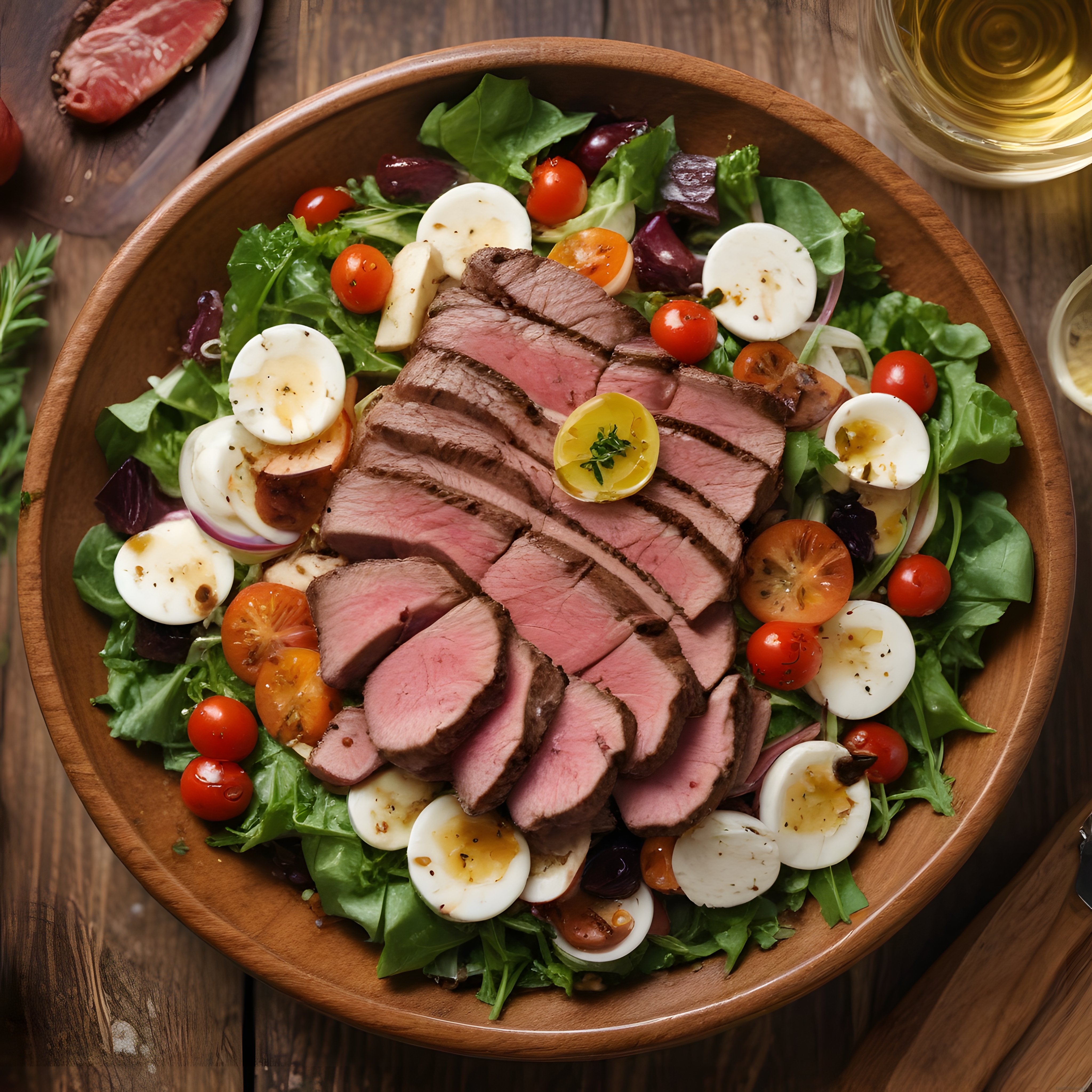 Ahşap Kasede Nefis Biftekli Yumurtalı Salata Tarifi ve Sunum Önerisi