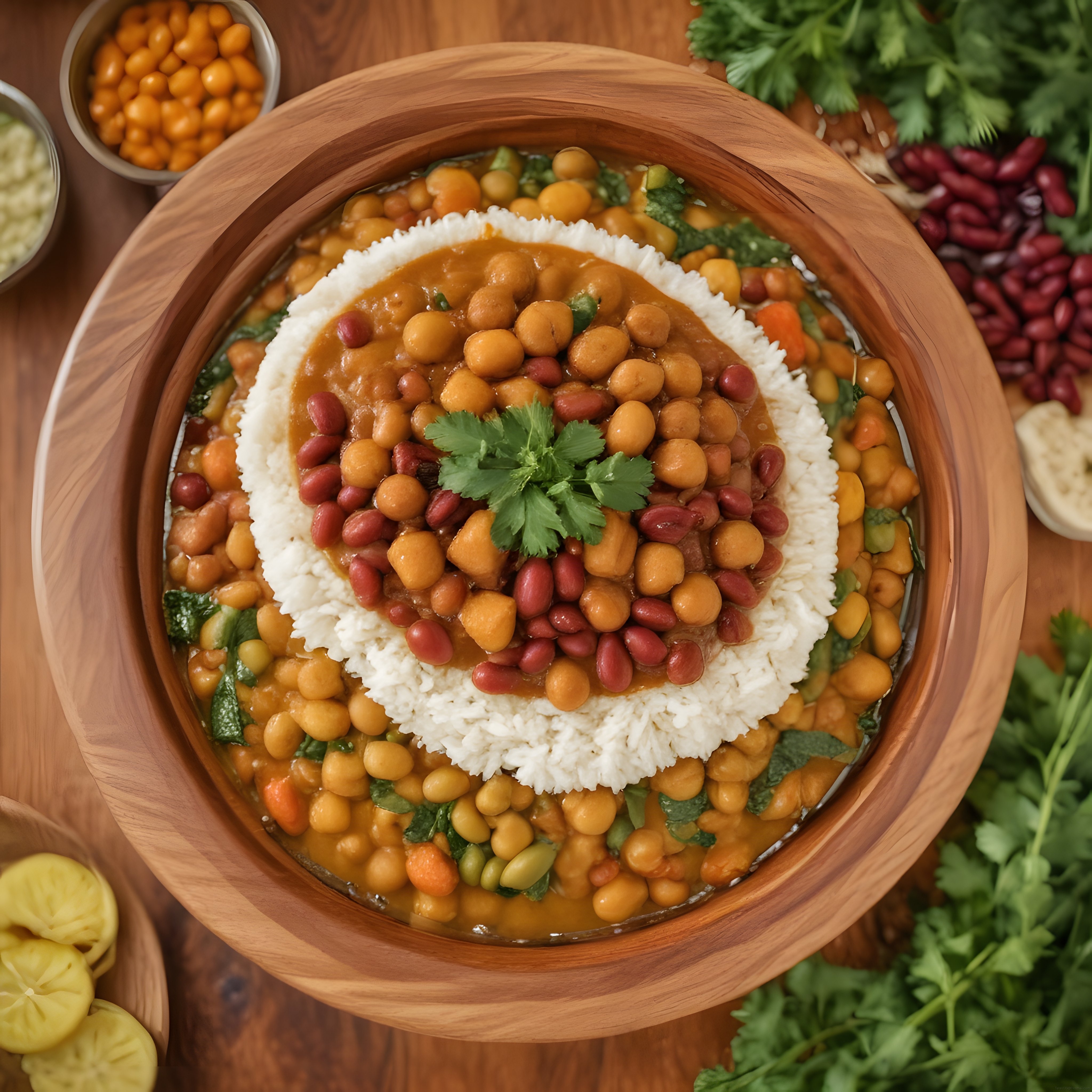 Ahşap kasede nohutlu barbunyalı vegan kase, pirinç ve taze otlarla sunum
