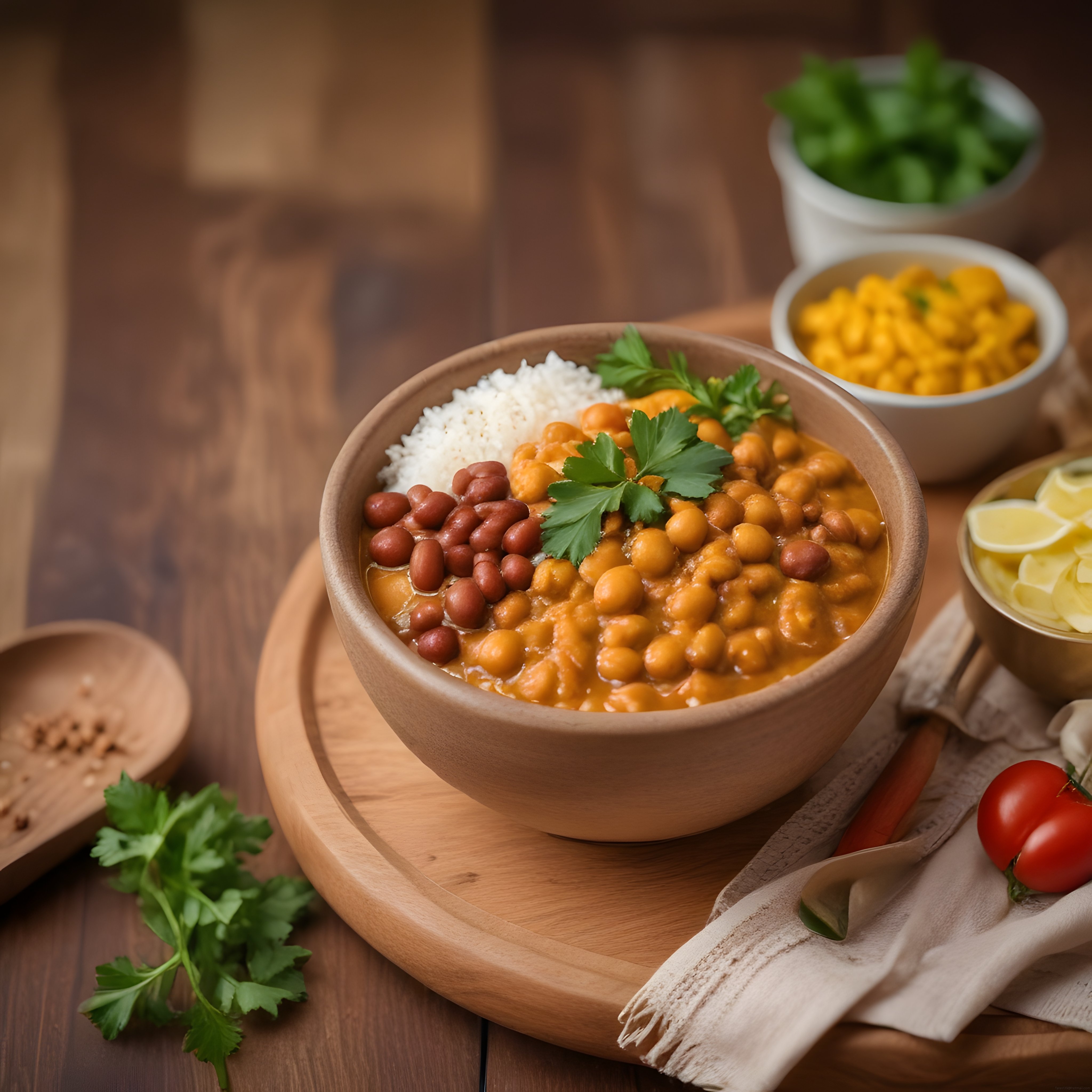 Ahşap Kasede Nohutlu Fasulyeli Vegan Kürili Kase: Besleyici ve Lezzetli