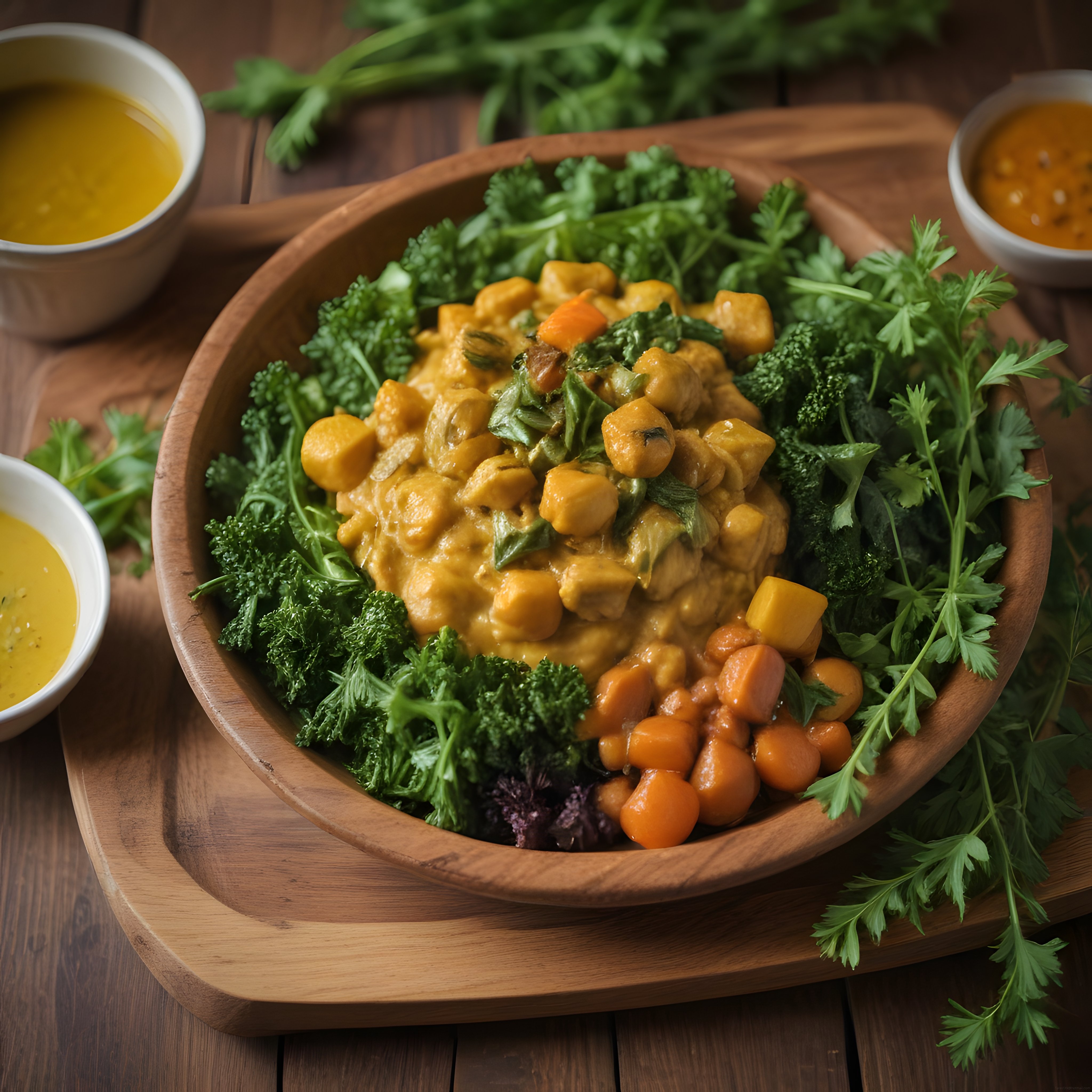 Ahşap Kasede Nohutlu Kremalı Sos ve Taze Yeşilliklerle Zengin Buddha Bowl