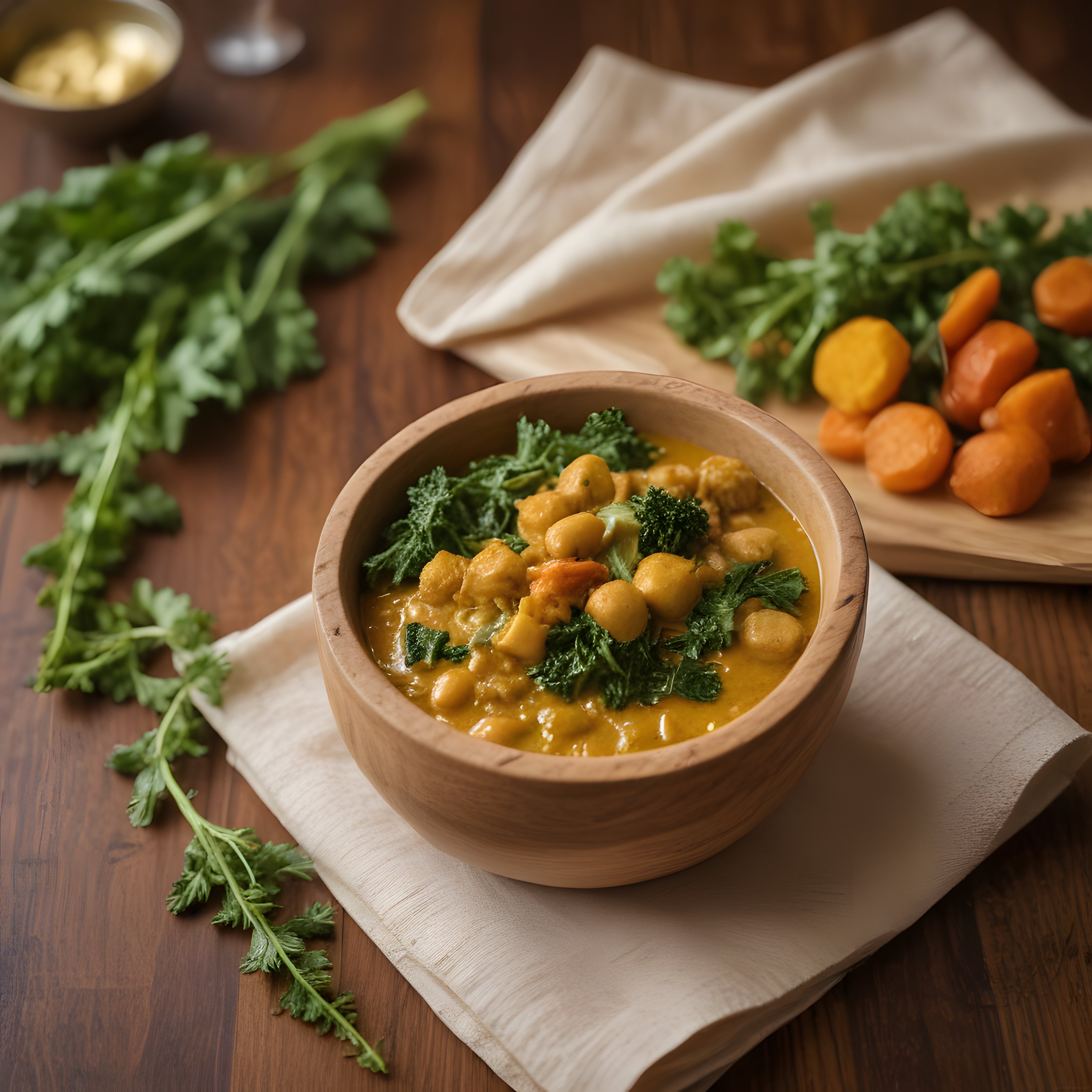 Ahşap kasede nohutlu pazılı vegan curry tarifi, taze sebzelerle sunum