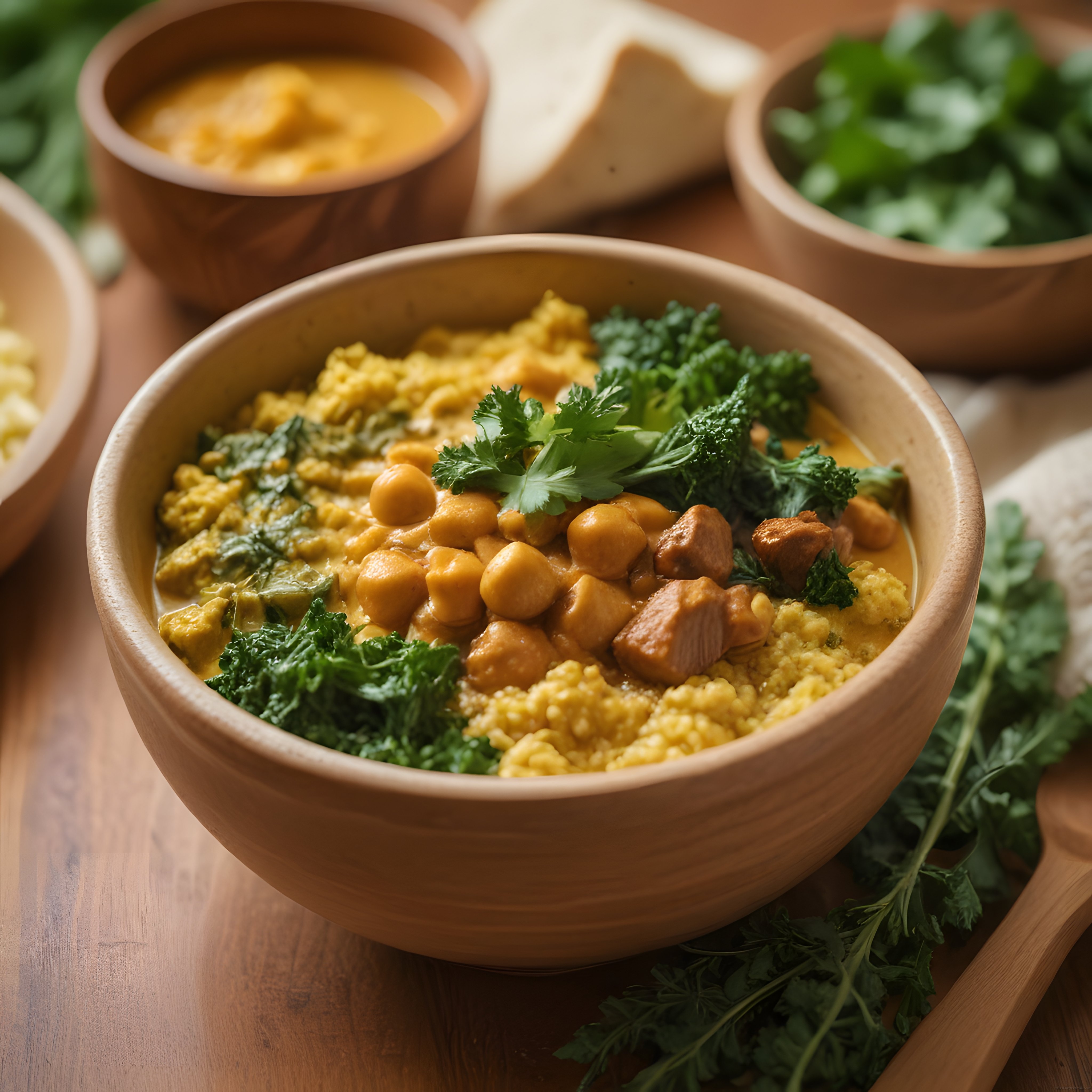 Ahşap Kasede Nohutlu Tahıllı ve Yeşillikli Besleyici Buddha Bowl Sunumu