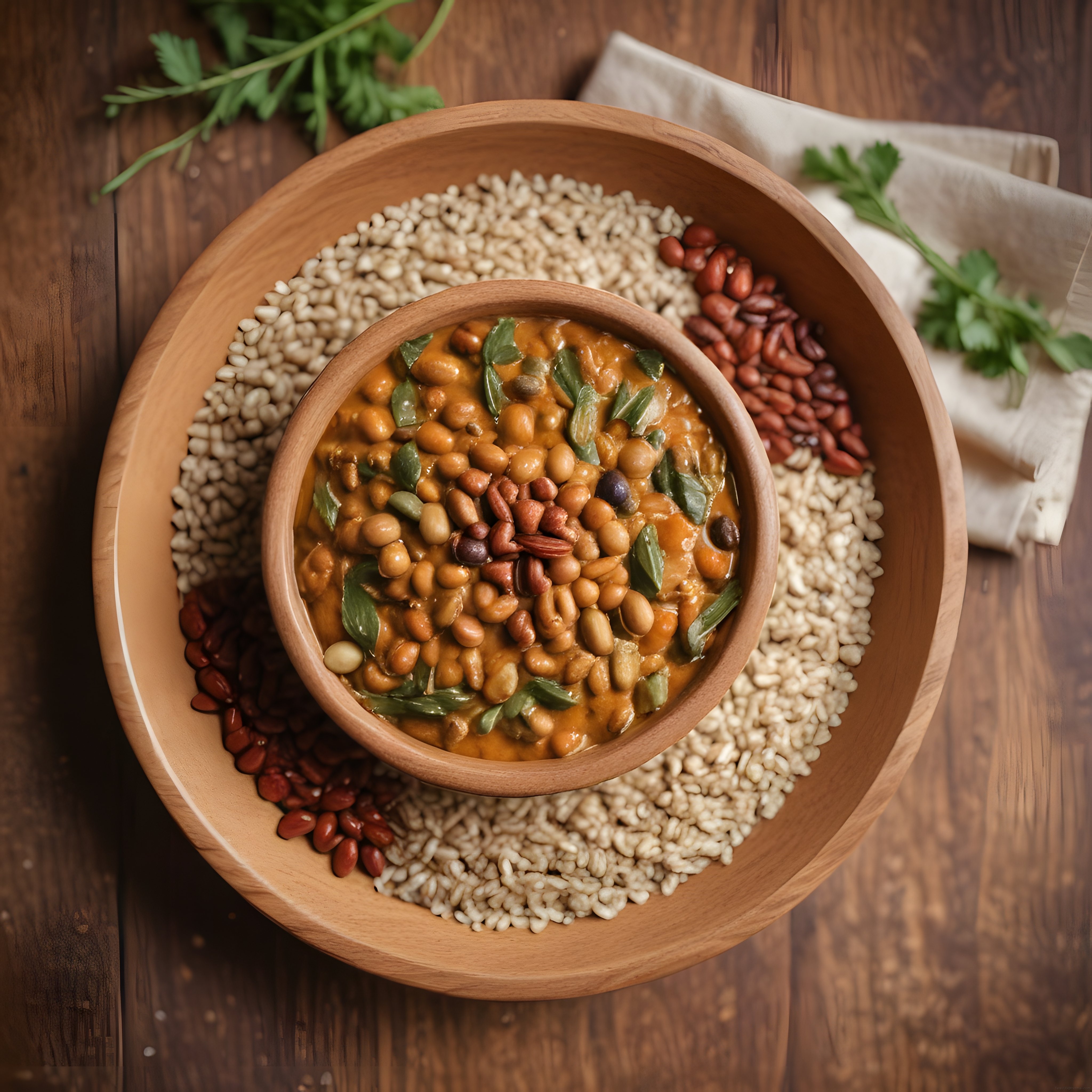 Ahşap Kasede Organik Bakliyatlı Vegan Yemek ve Tam Tahıllı Sunum