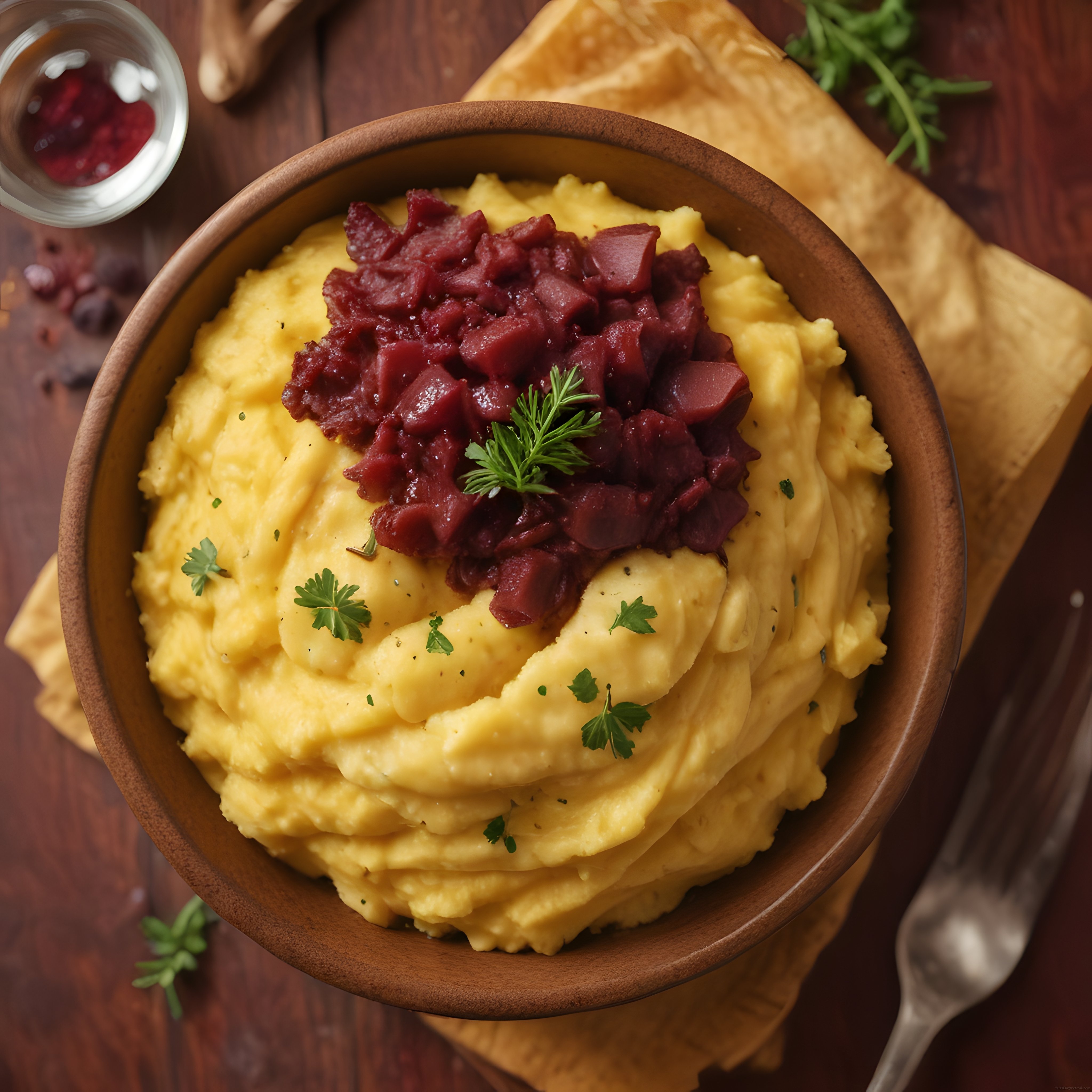 Ahşap Kasede Pancar Soslu Kremalı Polenta: Sıcacık Akşam Yemeği Sunumu