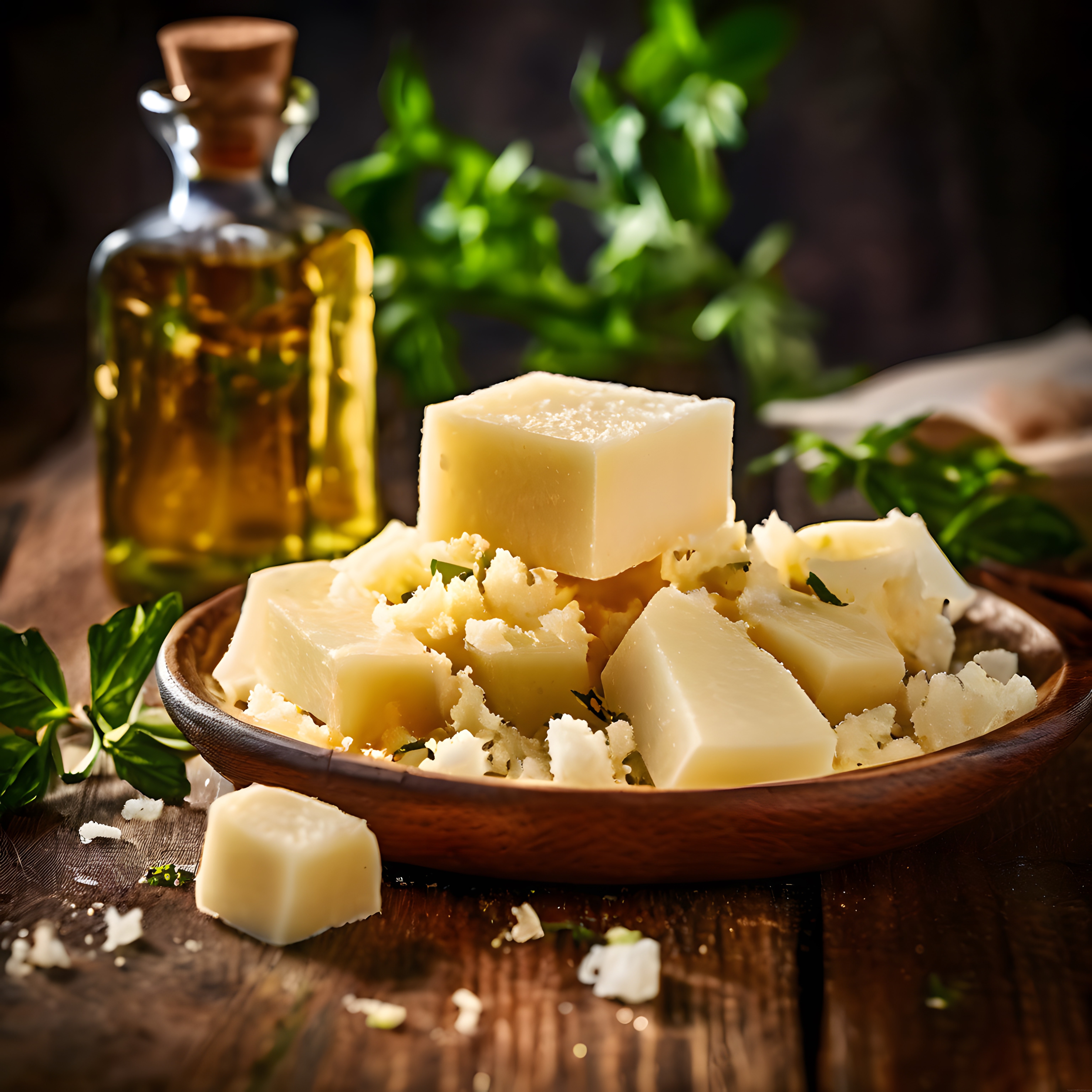 Ahşap Kasede Parmesan Peyniri ve Zeytinyağı ile Rustik Mutfak Sunumu