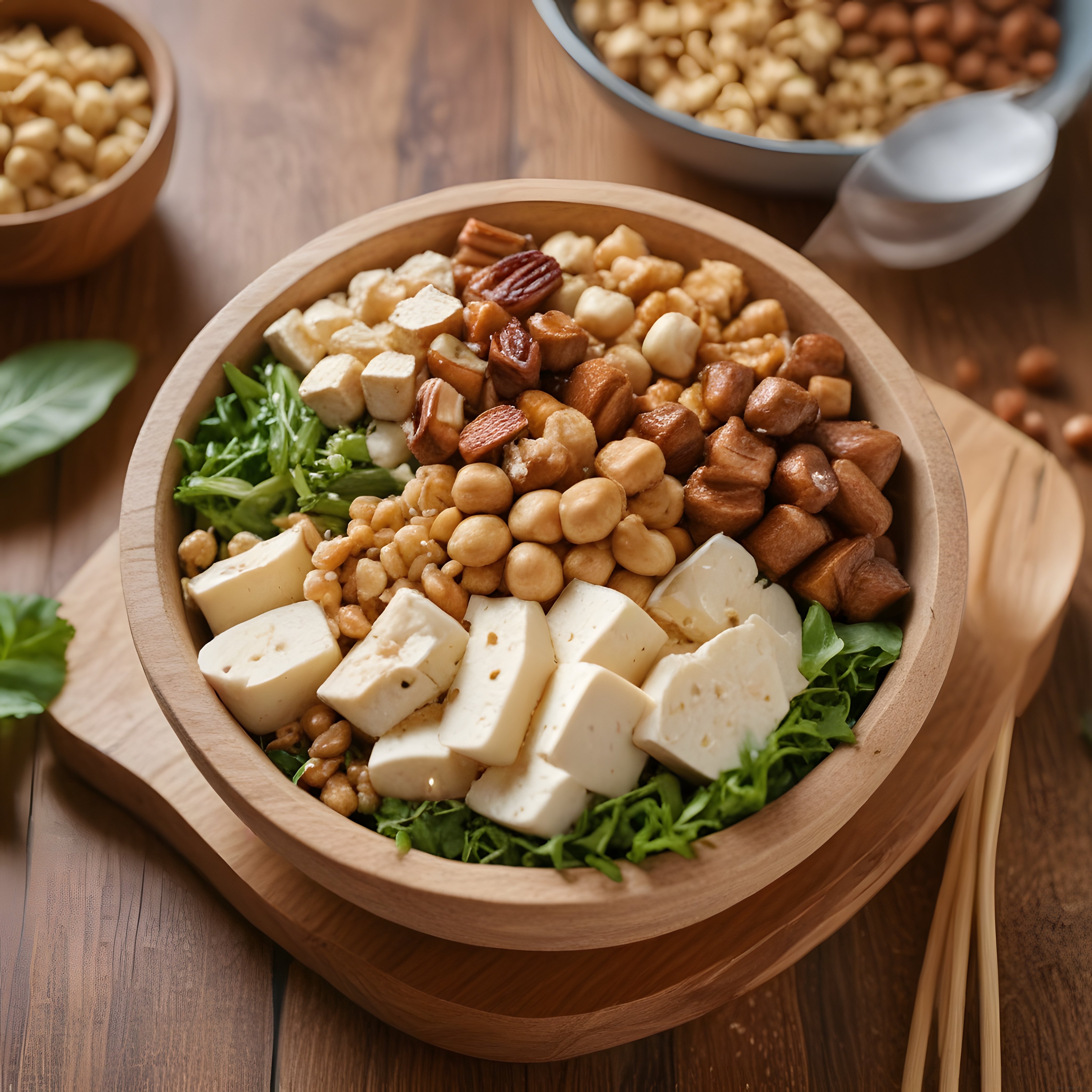 Ahşap Kasede Peynir ve Kuruyemişli Sağlıklı Atıştırmalık ve Salata Sunumu