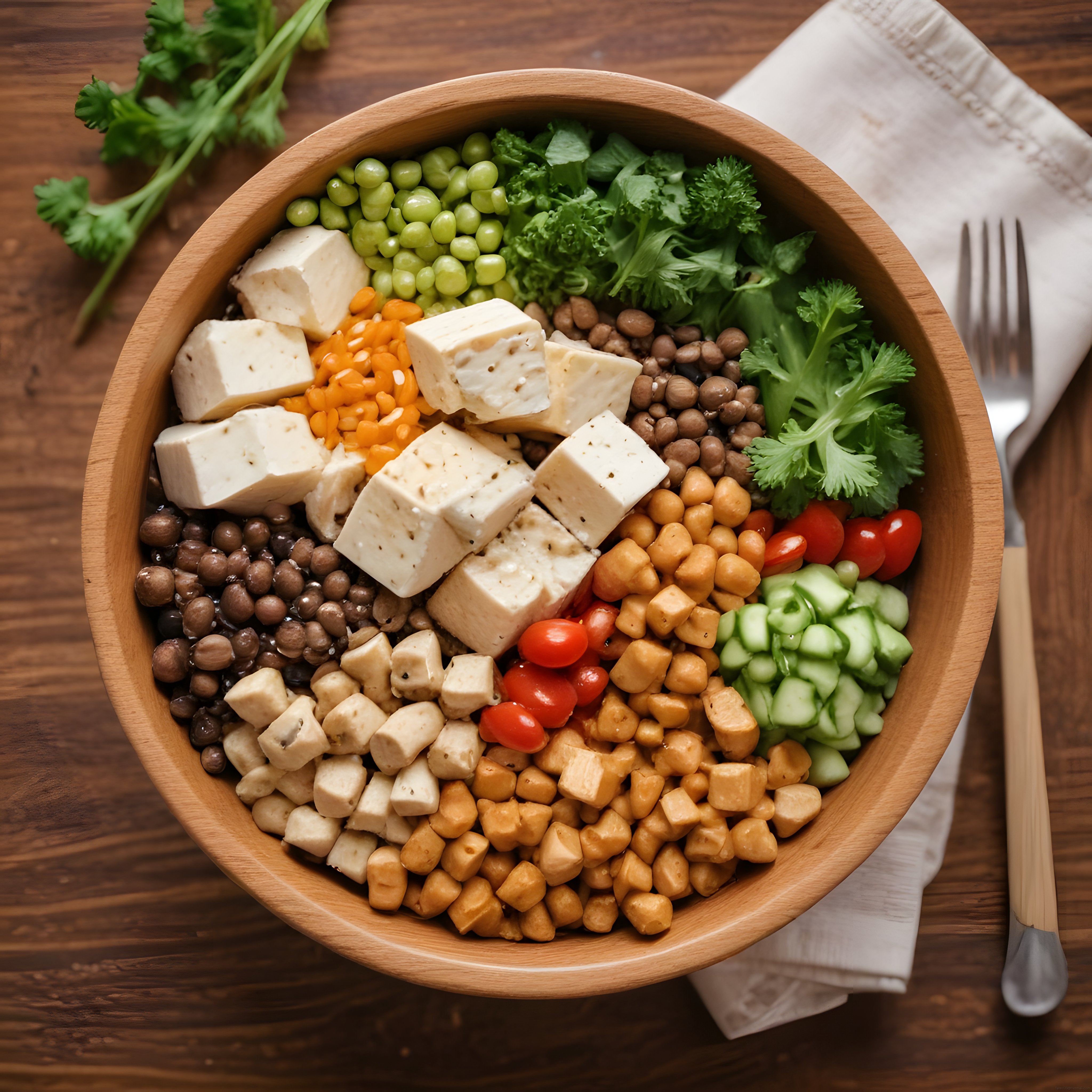 Ahşap Kasede Peynirli Nohutlu Mercimekli Sağlıklı Protein Salatası