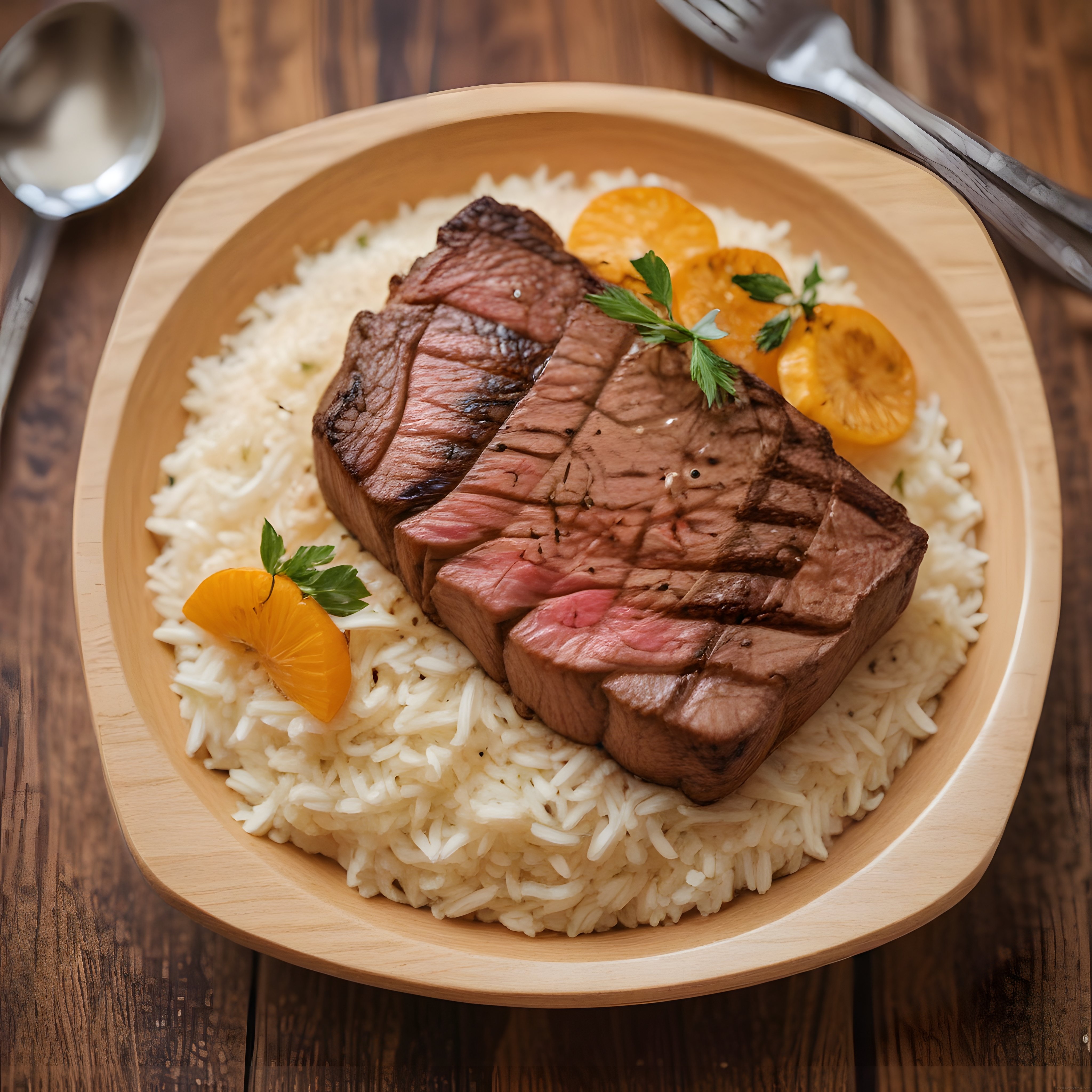ahşap kasede pirinç üzerinde ızgara steak ve mandalina dilimleriyle sunum