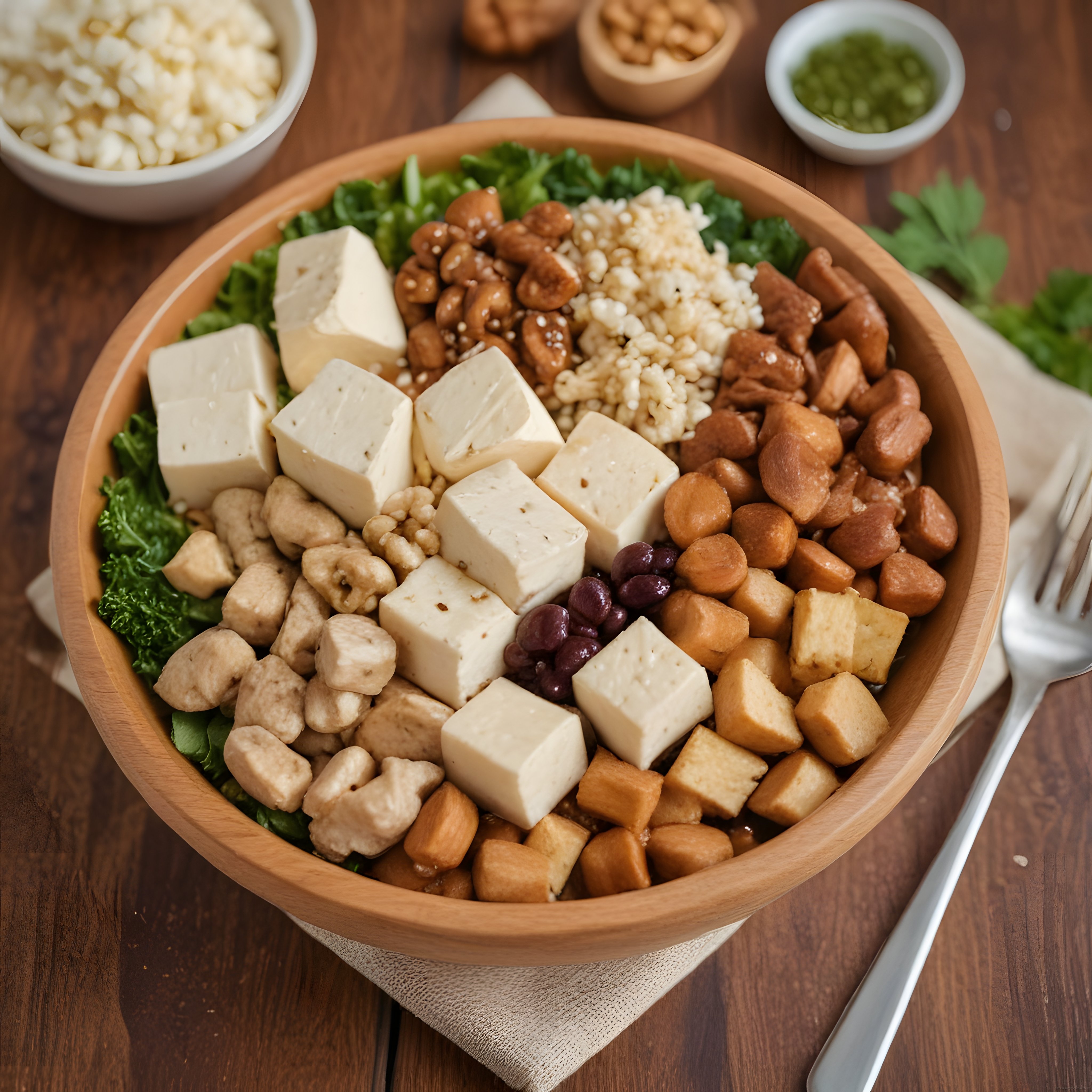 Ahşap Kasede Protein Dolu Sağlıklı Buddha Bowl ve Taze Malzemeler