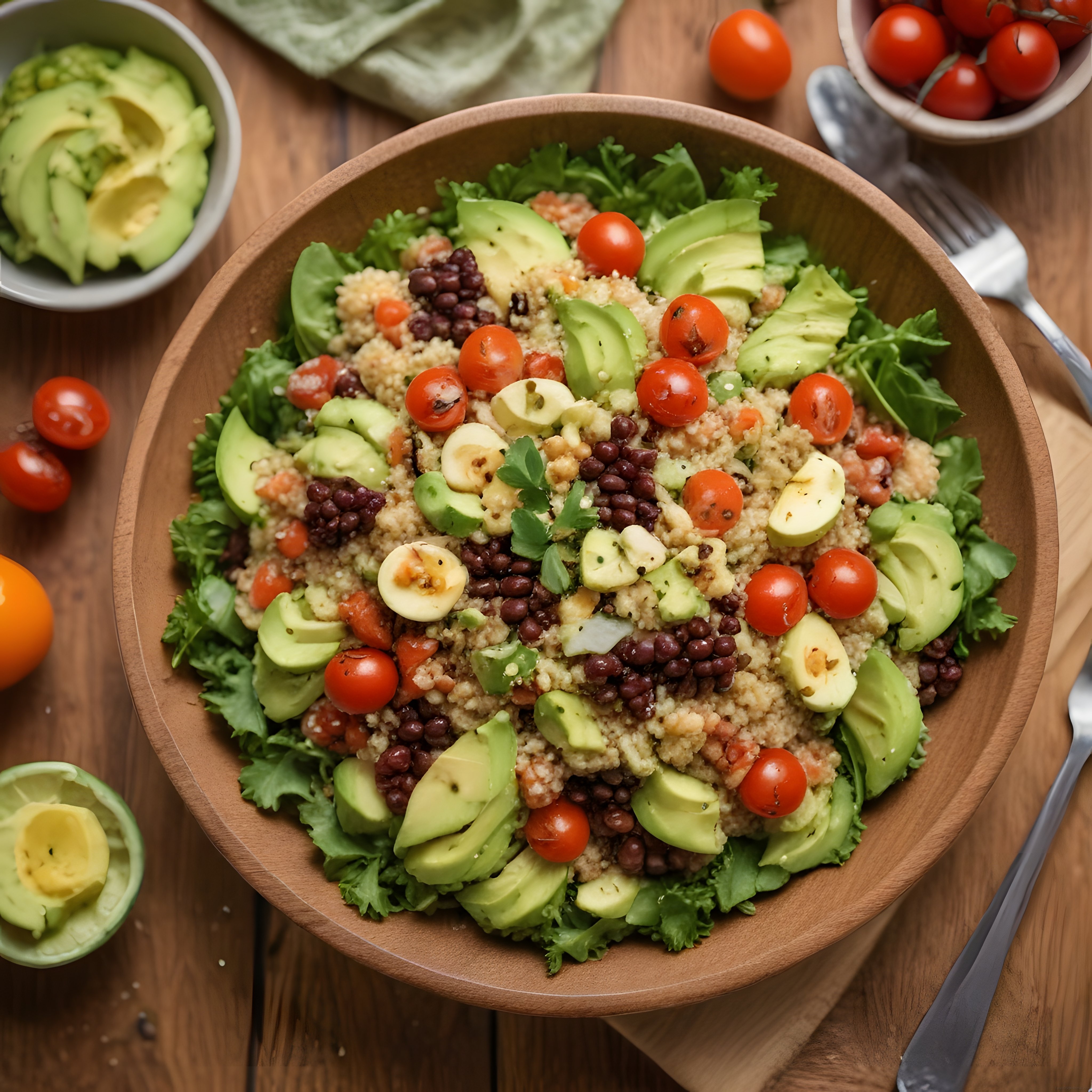 ahşap kasede quinoa avokado salatası ile sağlıklı beslenme konsepti