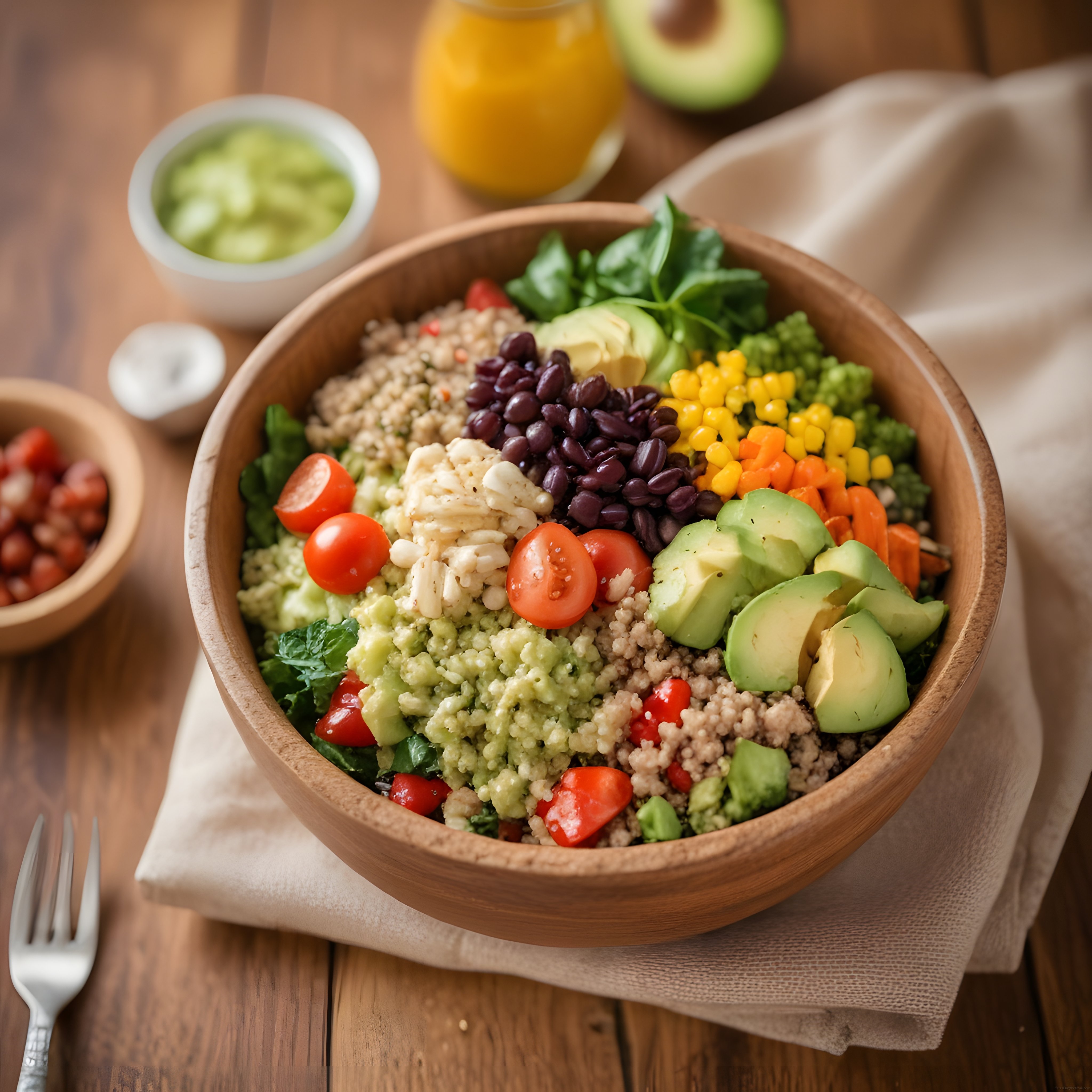 Ahşap kasede quinoa salatası ve taze sebzelerle sağlıklı buddha bowl tarifi