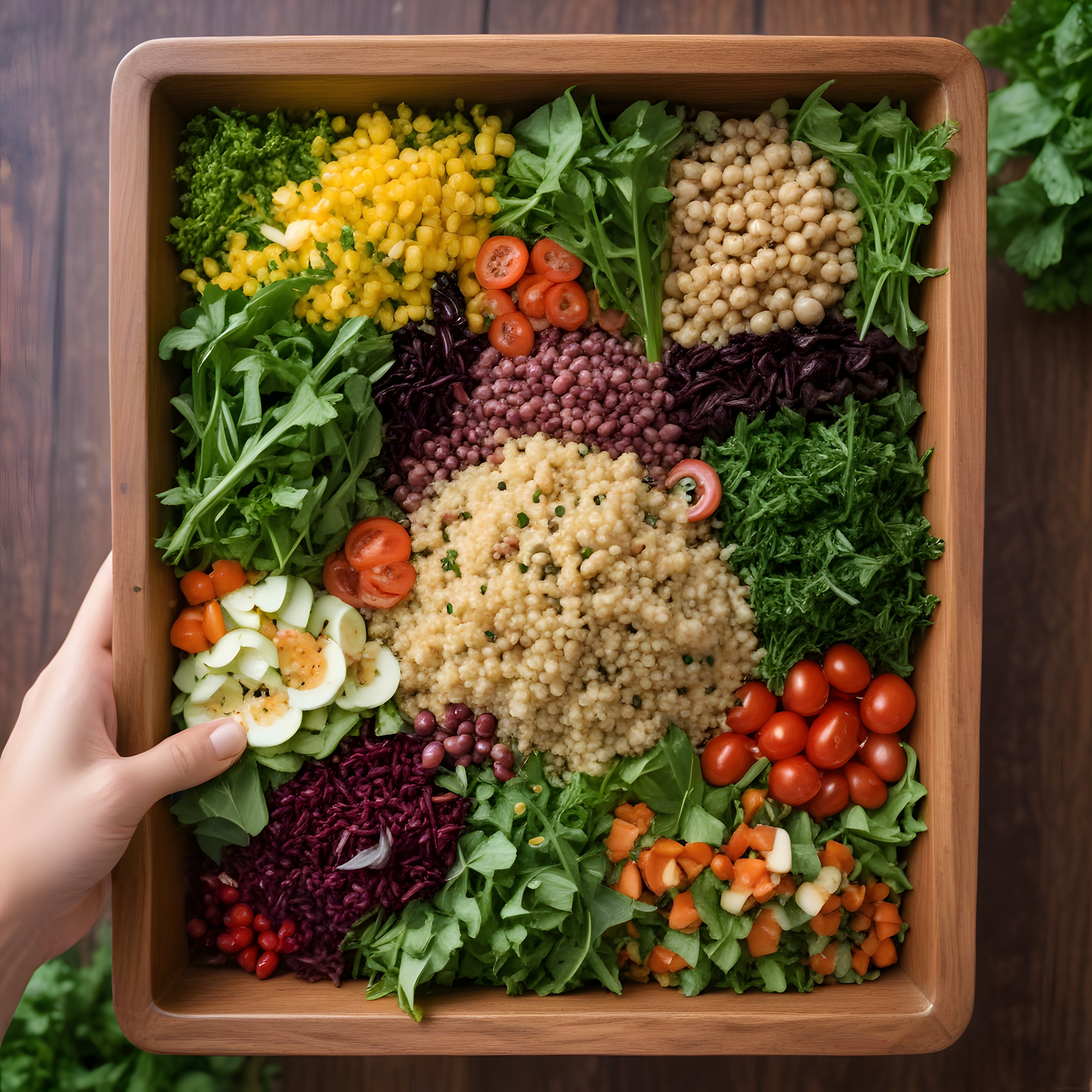 Ahşap Kasede Rengarenk Tahıl ve Yeşillik Salatası: Sağlıklı Beslenme
