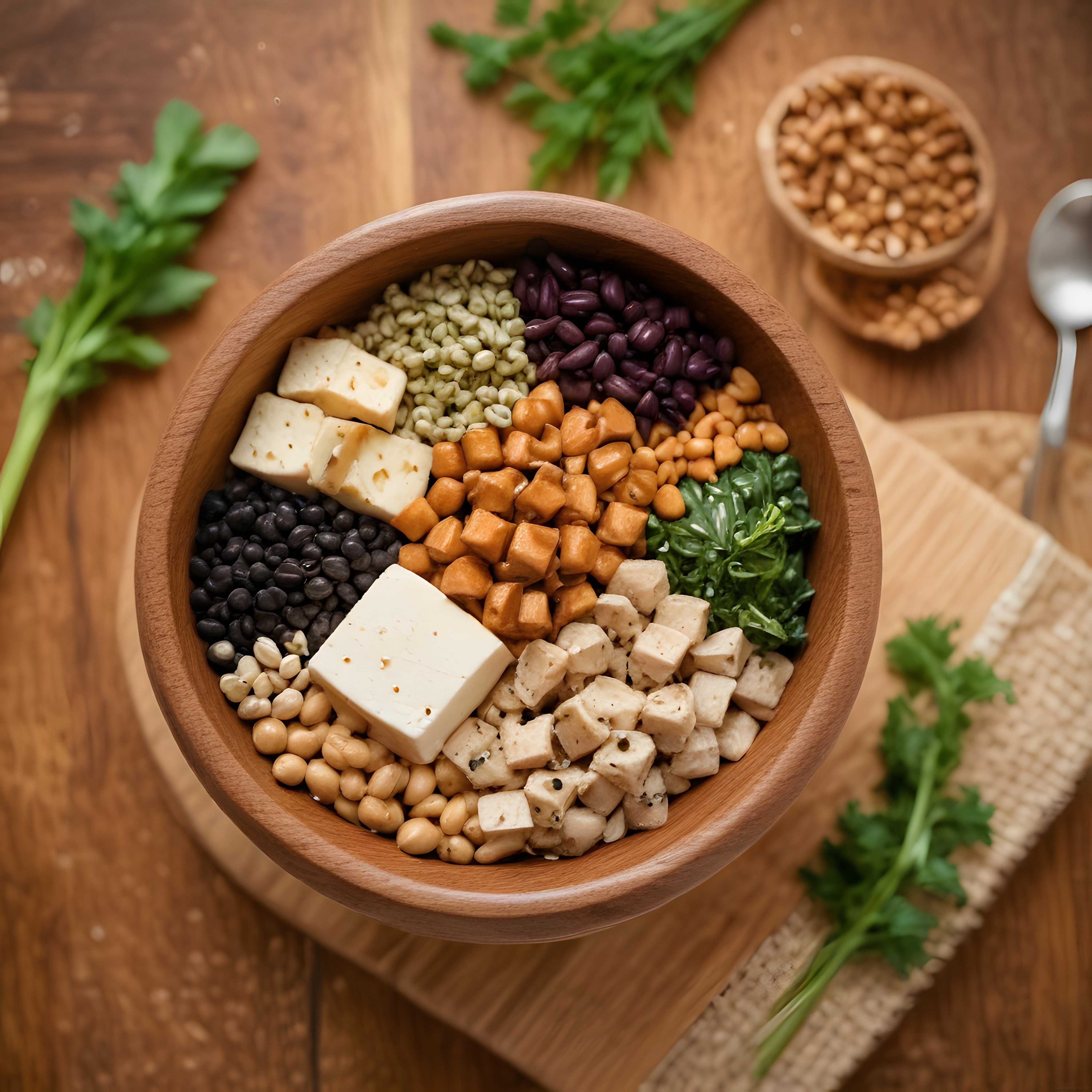 Ahşap Kasede Renkli Baklagiller ve Tofulu Sağlıklı Vegan Protein Kasesi