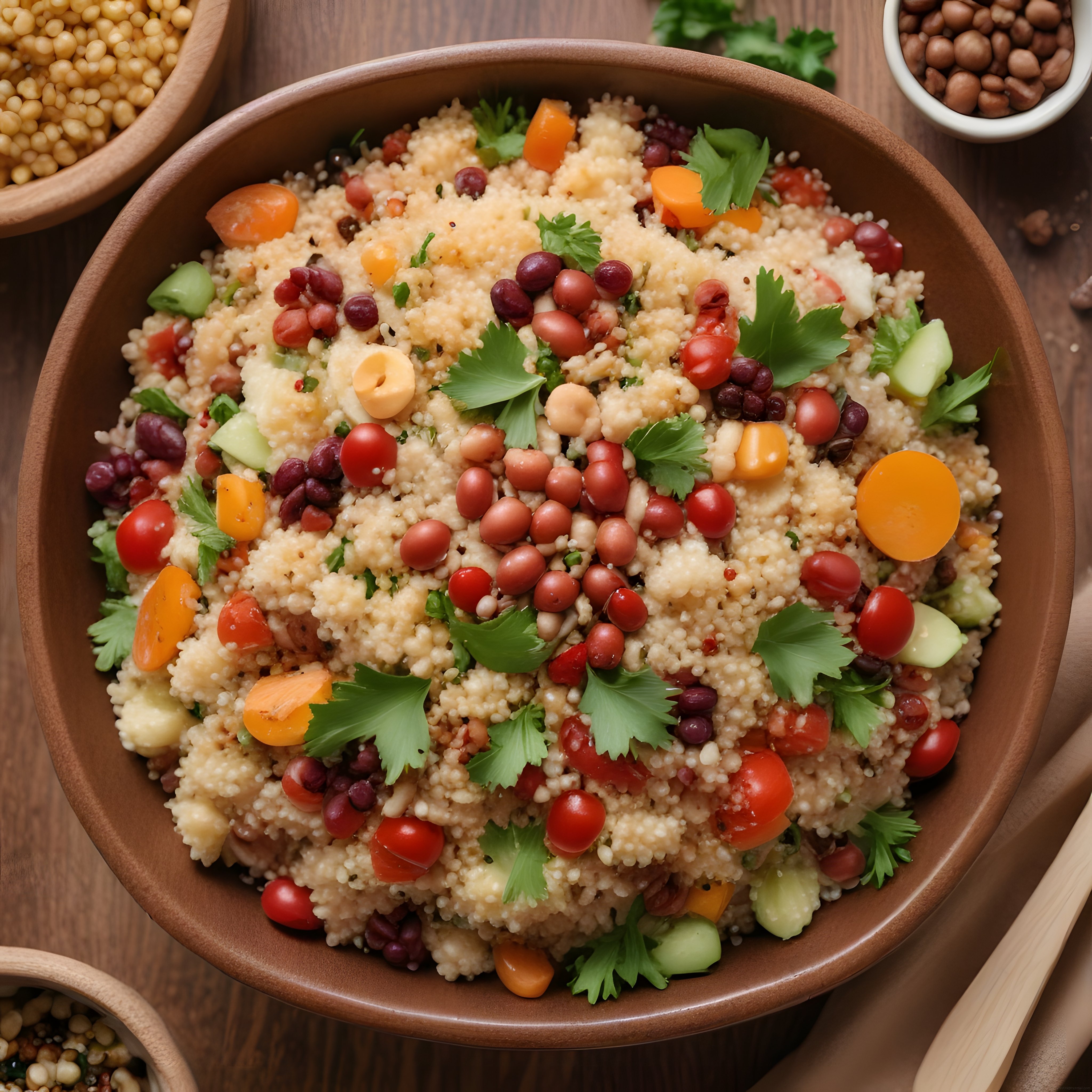 Ahşap Kasede Renkli Bakliyatlı Kuskus Salatası ile Besleyici Vegan Öğünler