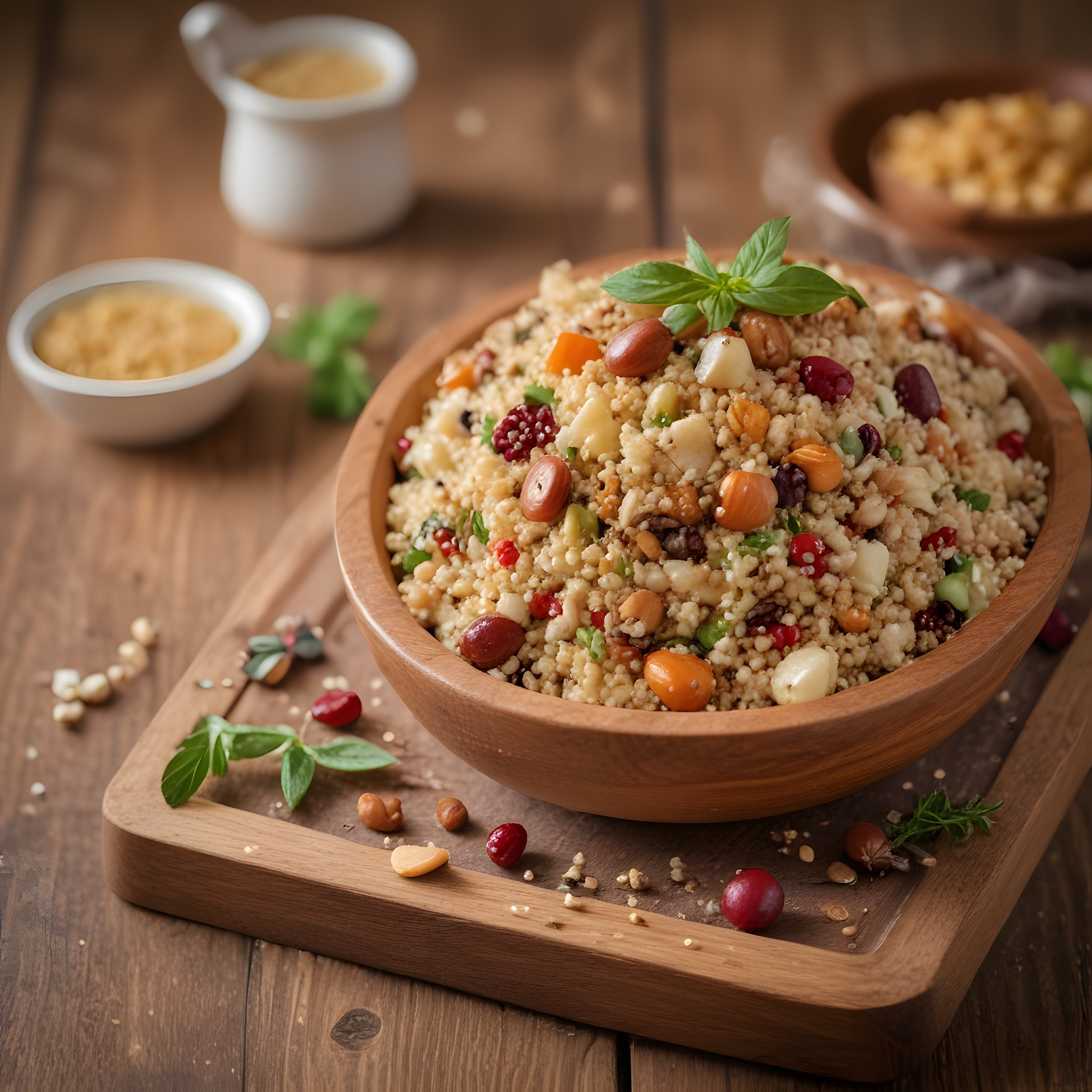 Ahşap Kasede Renkli Bakliyatlı ve Kuruyemişli Kuskus Salatası Sunumu