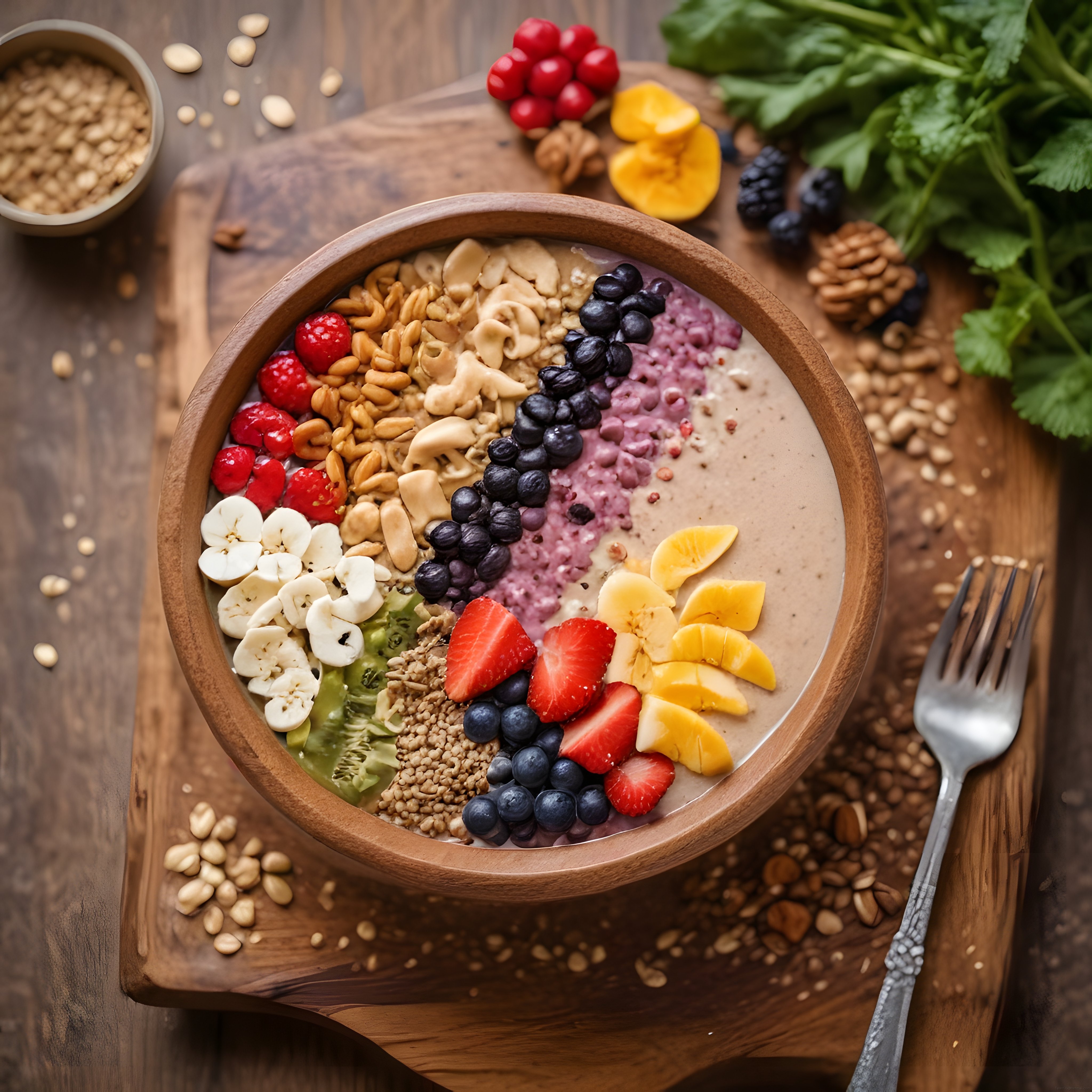 Ahşap Kasede Renkli Besleyici Smoothie Bowl Sağlıklı Kahvaltı Sunumu