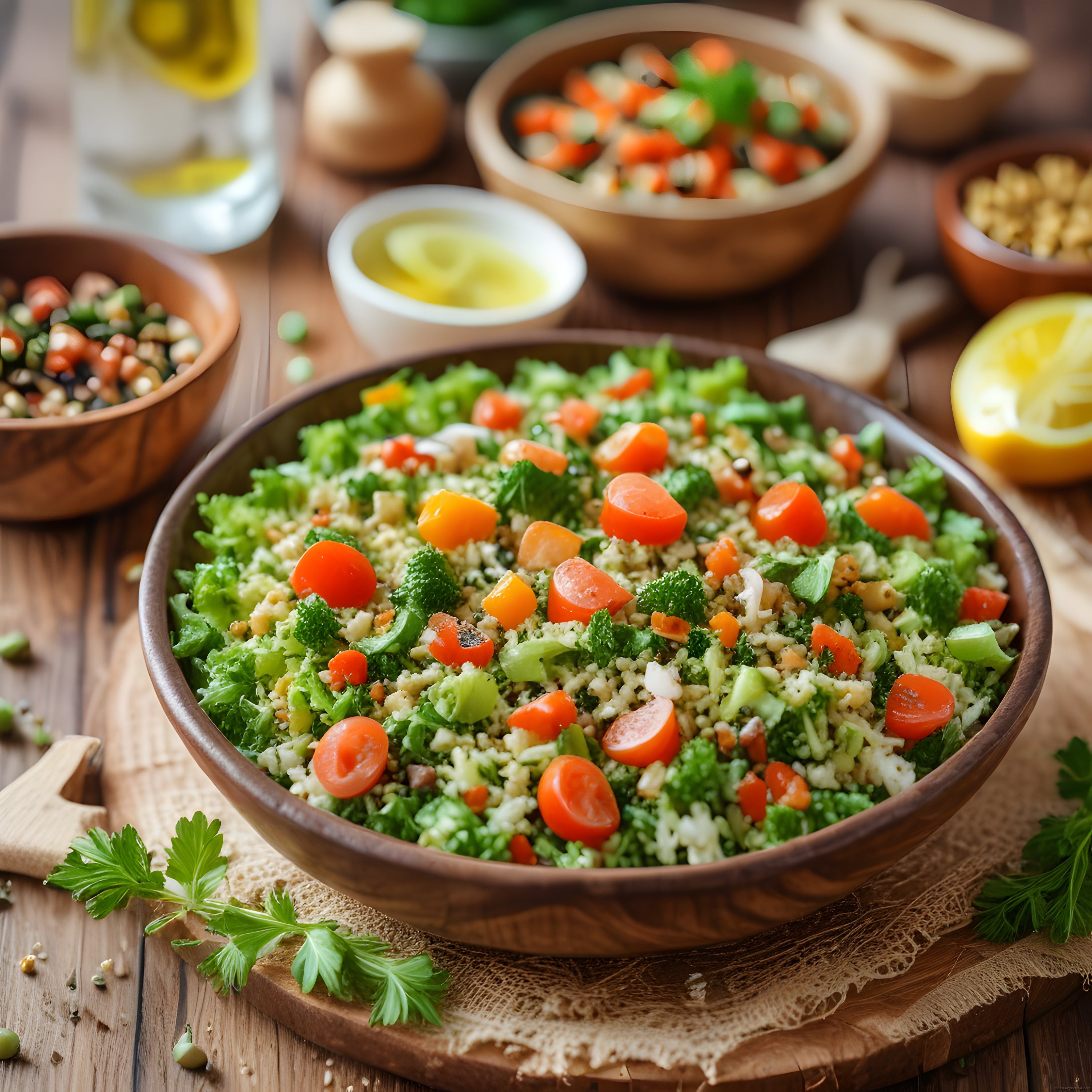 Ahşap kasede renkli brokoli salatası ve taze sebzelerle sağlıklı atıştırmalık