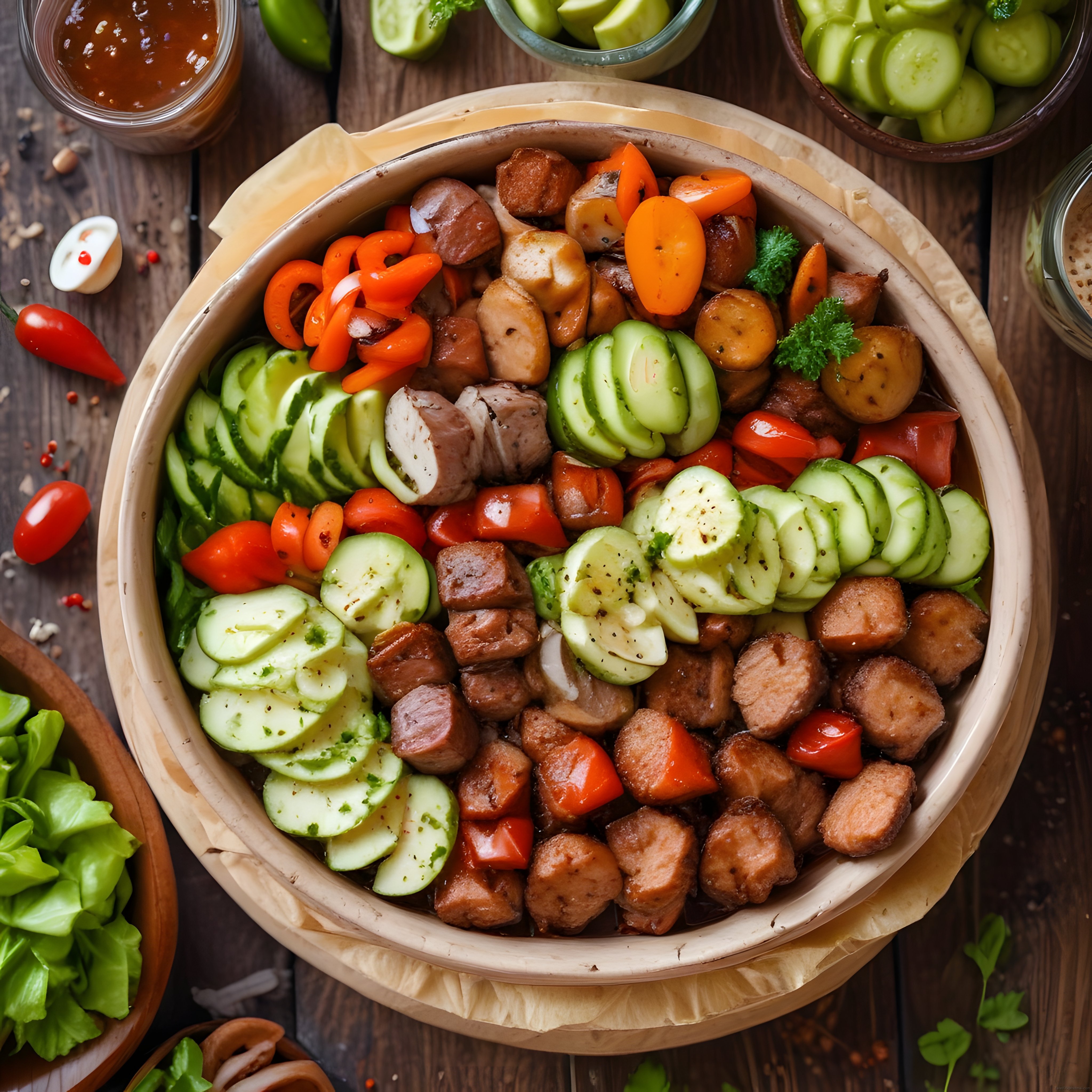 Ahşap Kasede Renkli Etli Sebzeli Bowl: Lezzetli ve Besleyici Yemek Sunumu