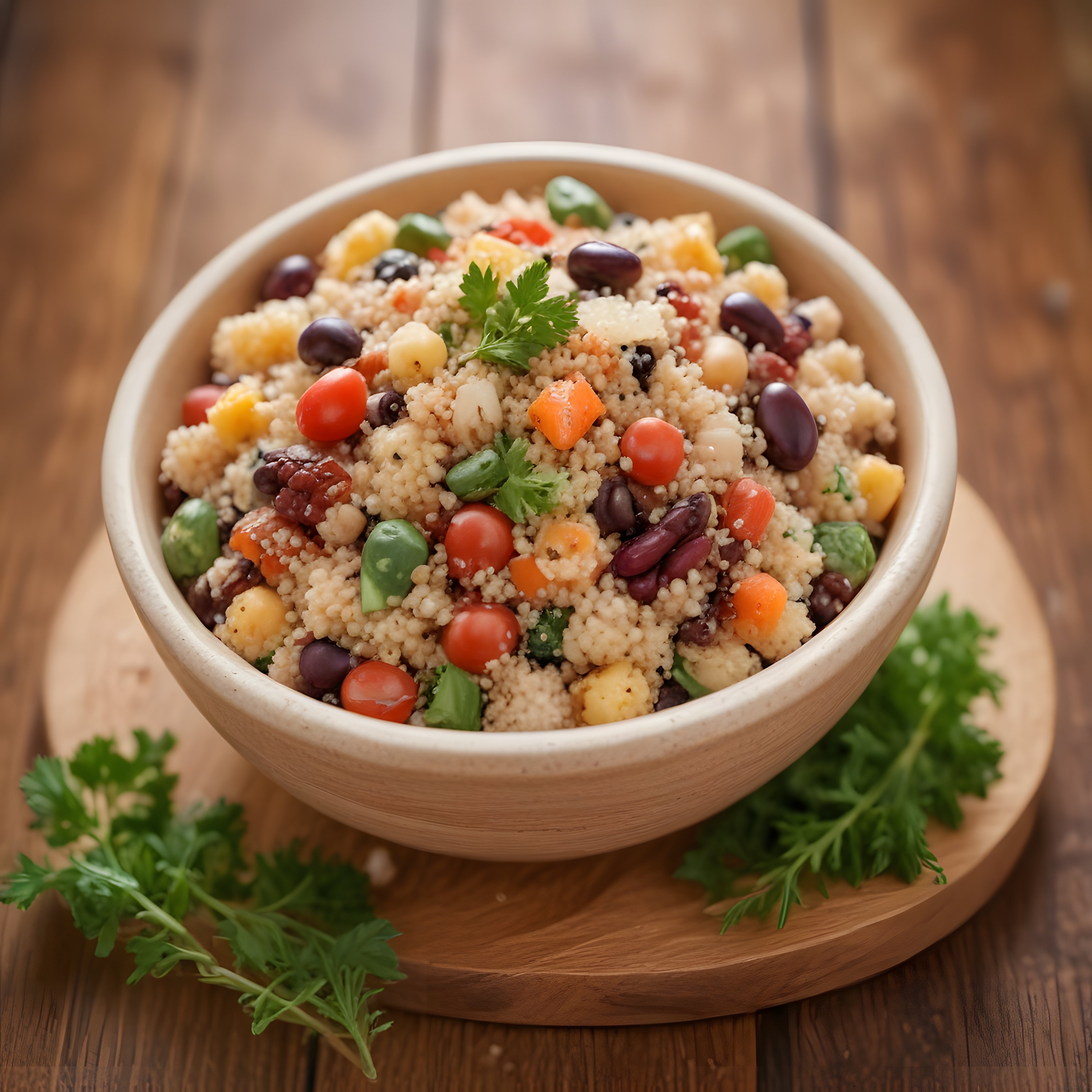 ahşap kasede renkli kuskus salatası: sağlıklı ve lezzetli vegan kase
