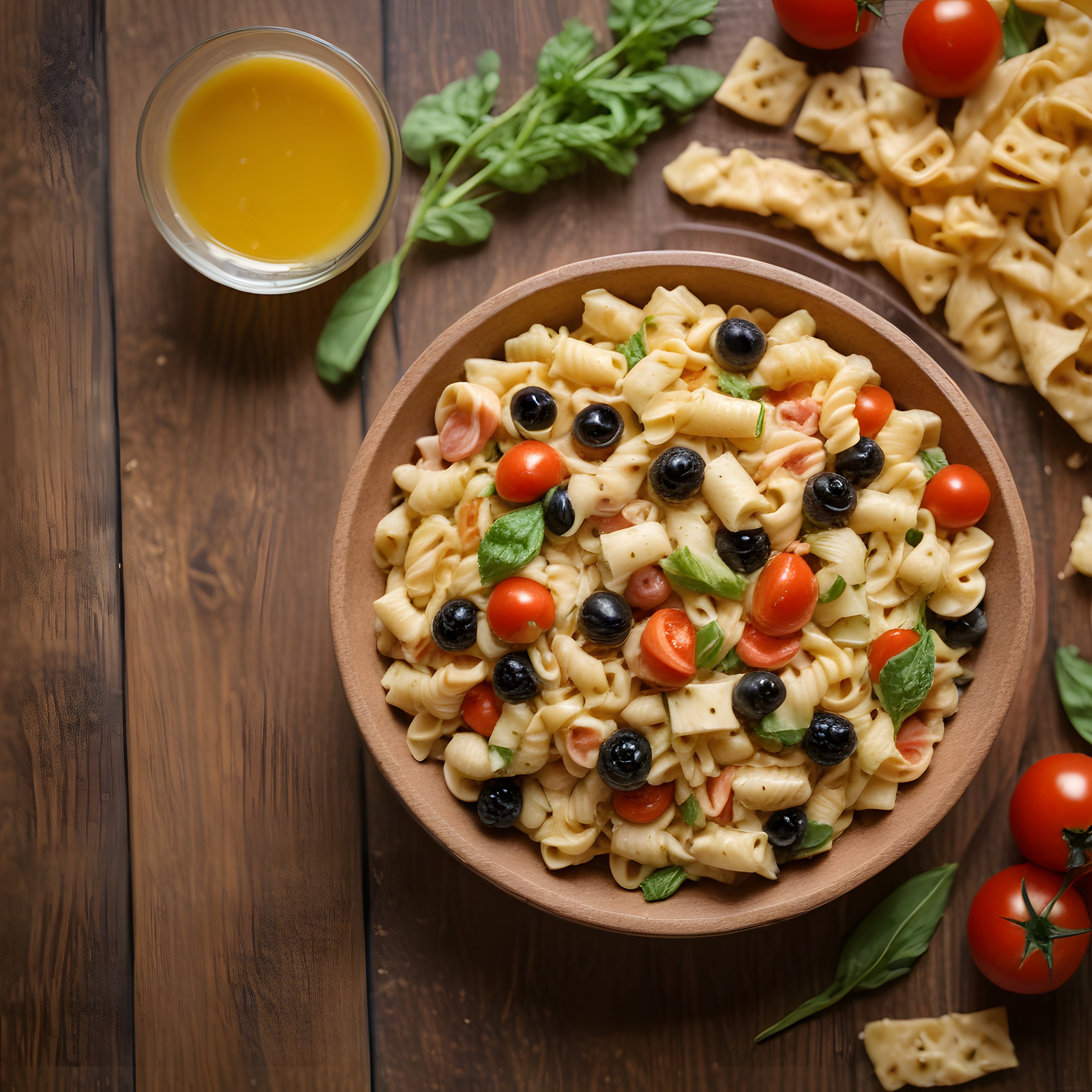 Ahşap Kasede Renkli Makarna Salatası: Taze Domates, Zeytin ve Fesleğen