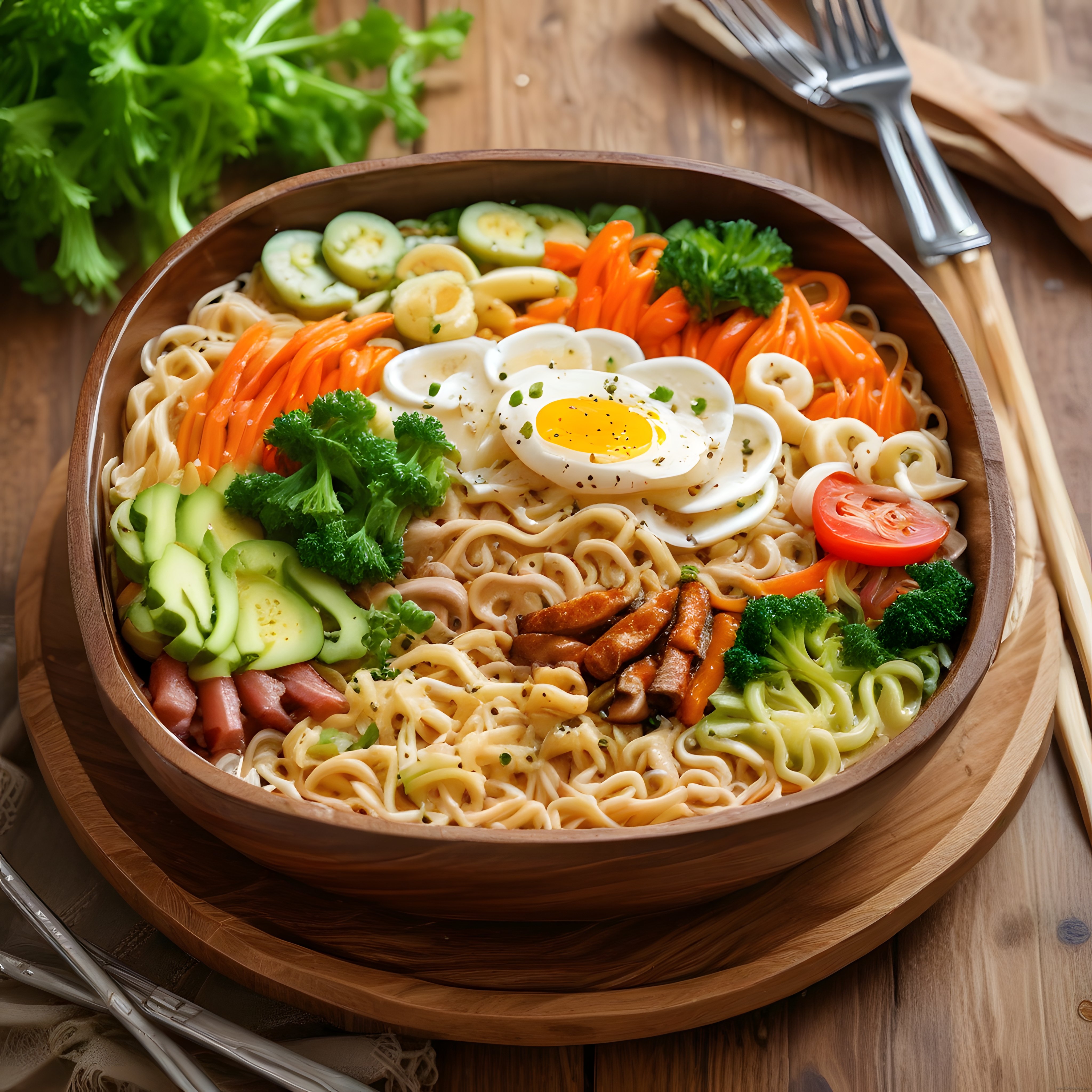 Ahşap Kasede Renkli Makarna Salatası: Taze Sebzeler ve Yumurtalı Noodle Kasesi