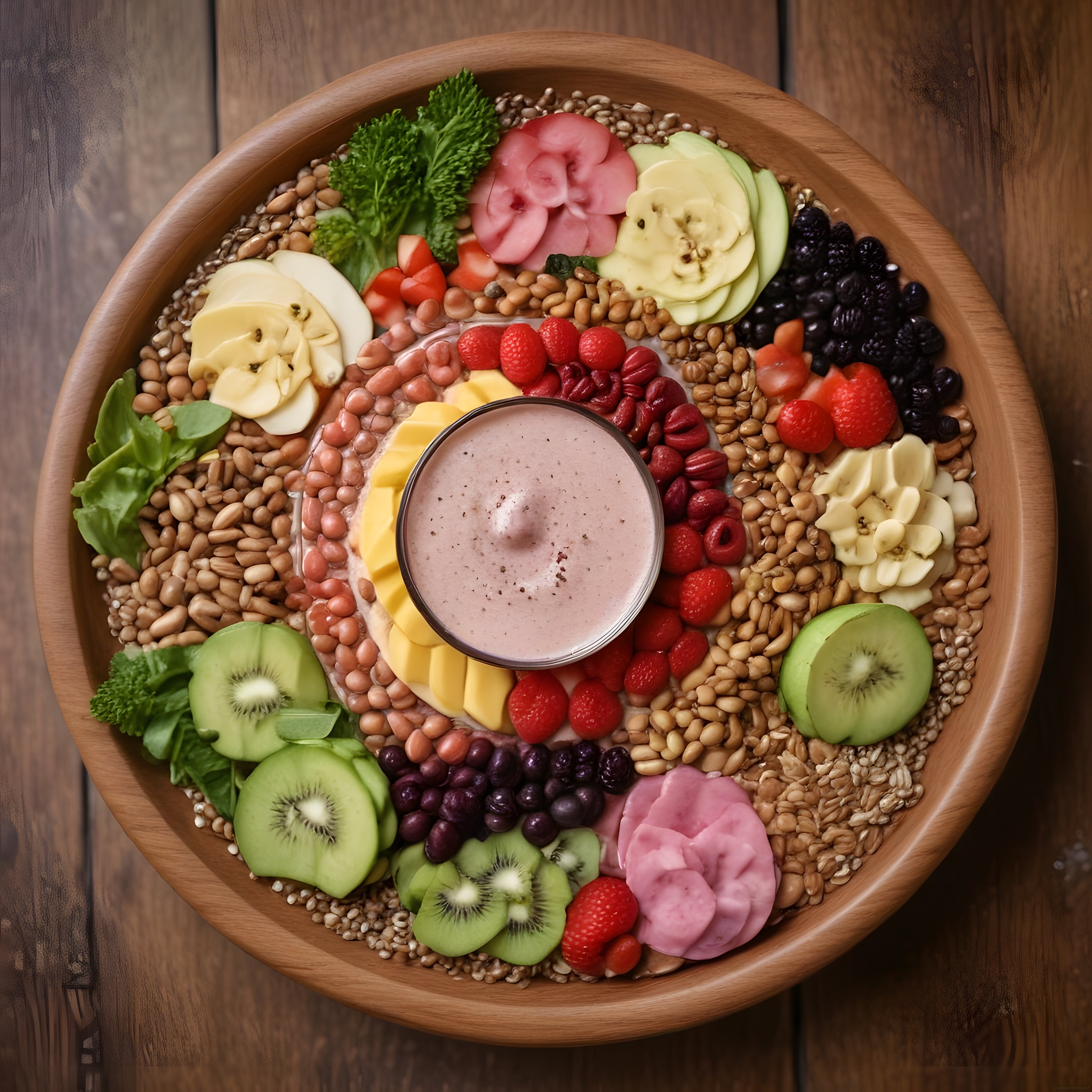 Ahşap kasede renkli meyve ve taze sebze ile hazırlanan sağlıklı buddha bowl