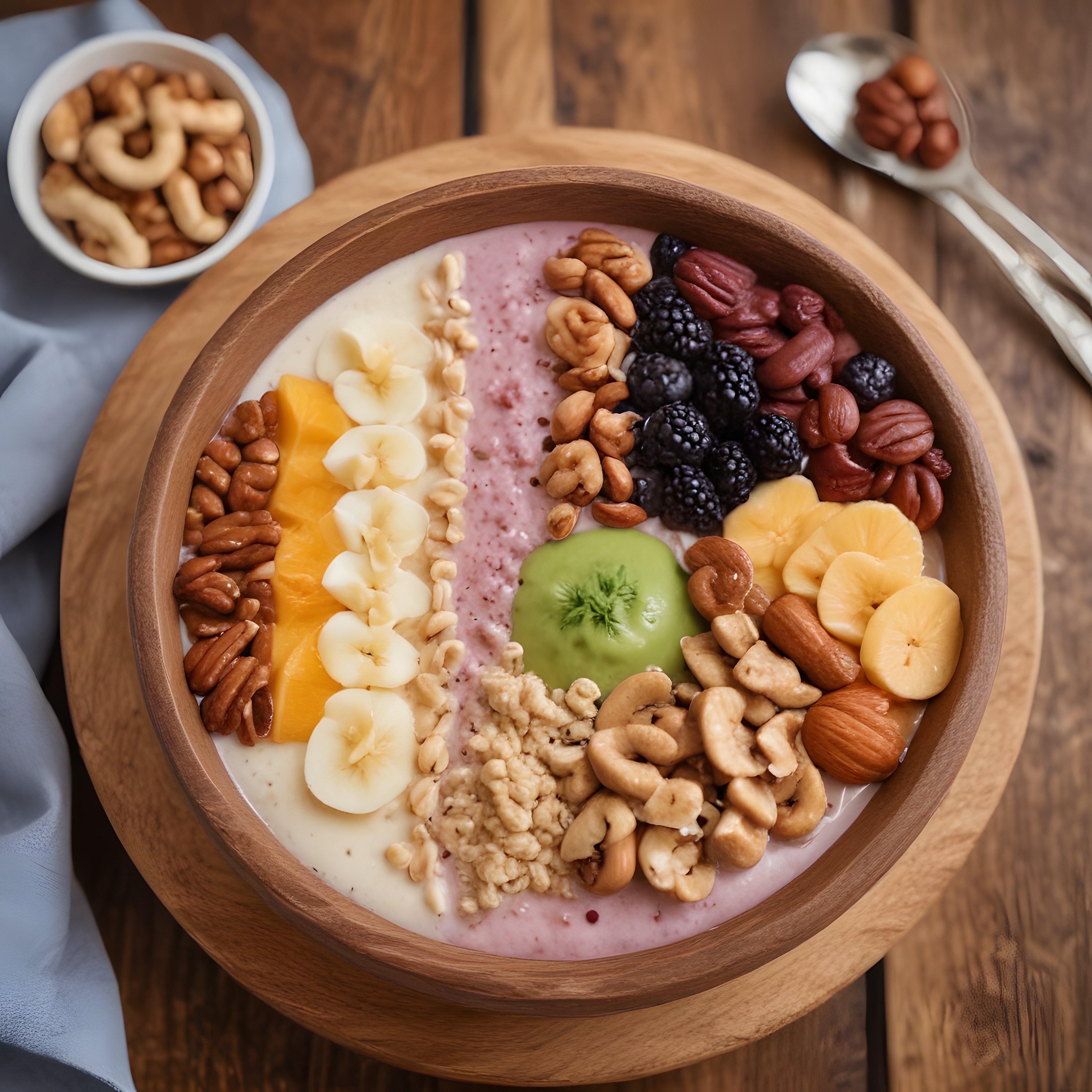 Ahşap kasede renkli meyveler ve kuruyemişlerle süslenmiş sağlıklı smoothie bowl